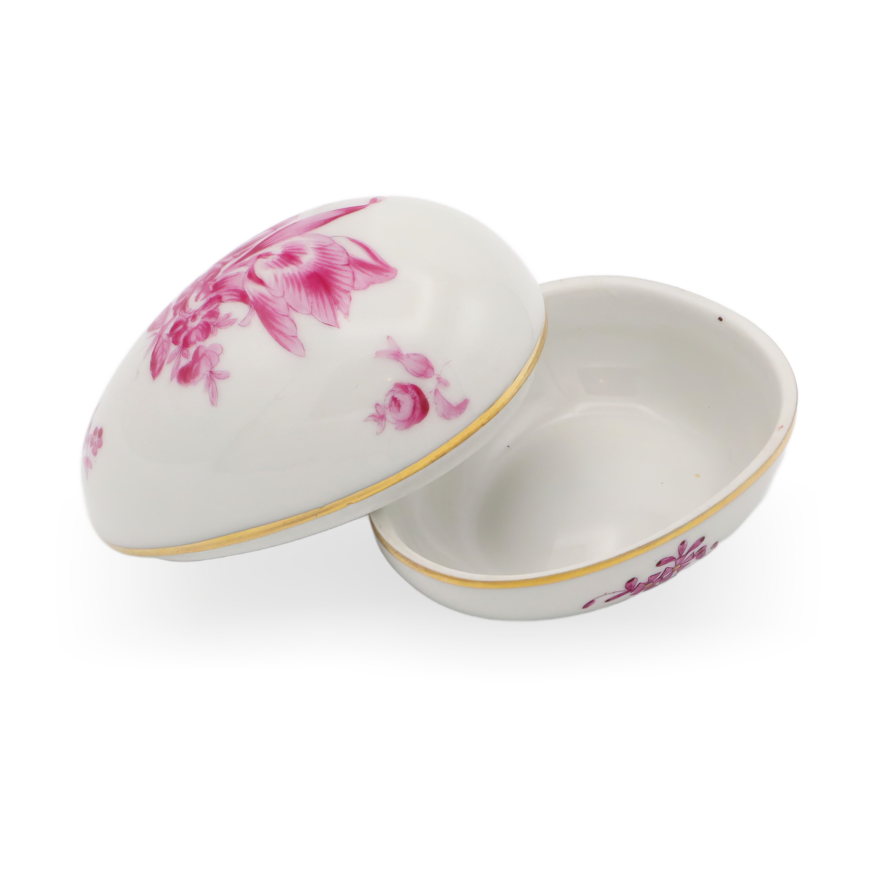 Herend Antique Nanking Rose Egg Shaped Jewelry Box open view showing hand-painted pink floral design, gold trim, and fine porcelain craftsmanship