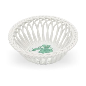 Herend Green Apponyi Hand Woven Basket - Vintage Porcelain Centerpiece - Hungarian Fine China - Rare Floral Decor - Collectible