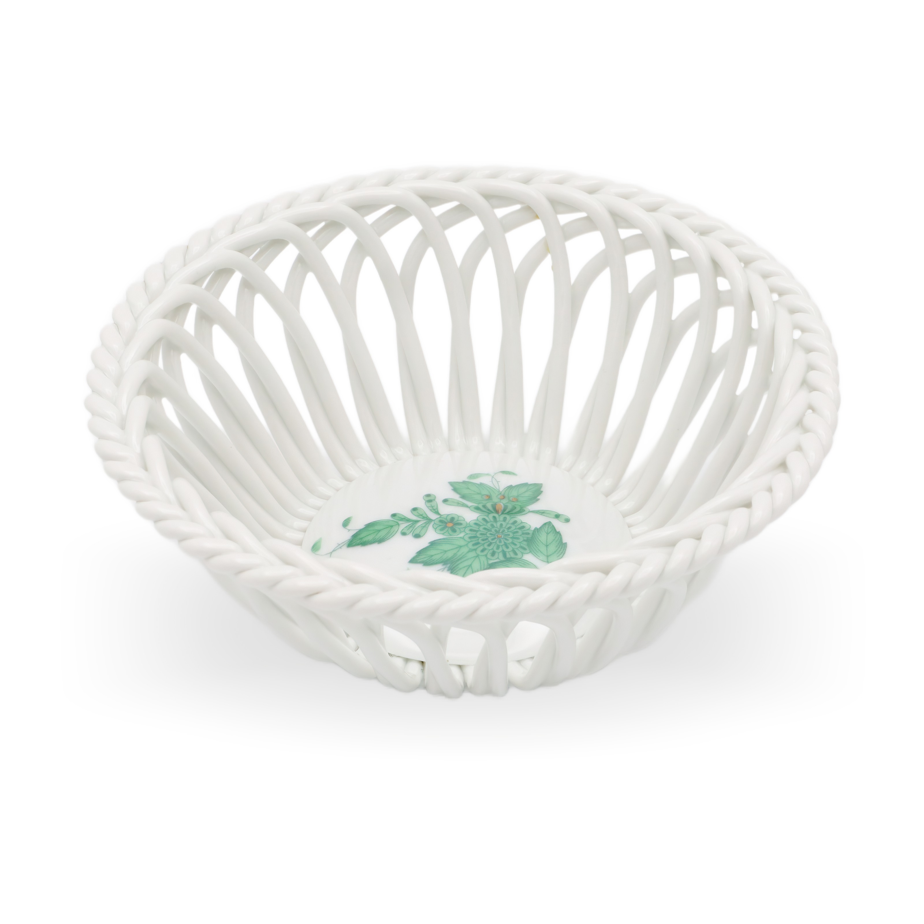 Herend Green Apponyi Hand Woven Porcelain Basket Front Angle Herend Green Apponyi hand woven porcelain basket front angle view with green floral design and intricate porcelain weaving