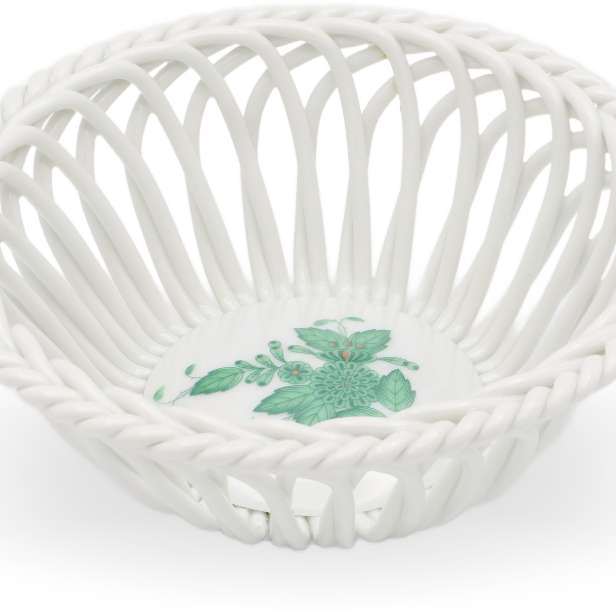 Herend Green Apponyi Hand Woven Basket Angled Close Up Thumbnail for Herend Green Apponyi Hand Woven Basket - Vintage Porcelain Centerpiece - Hungarian Fine China - Rare Floral Decor - Collectible