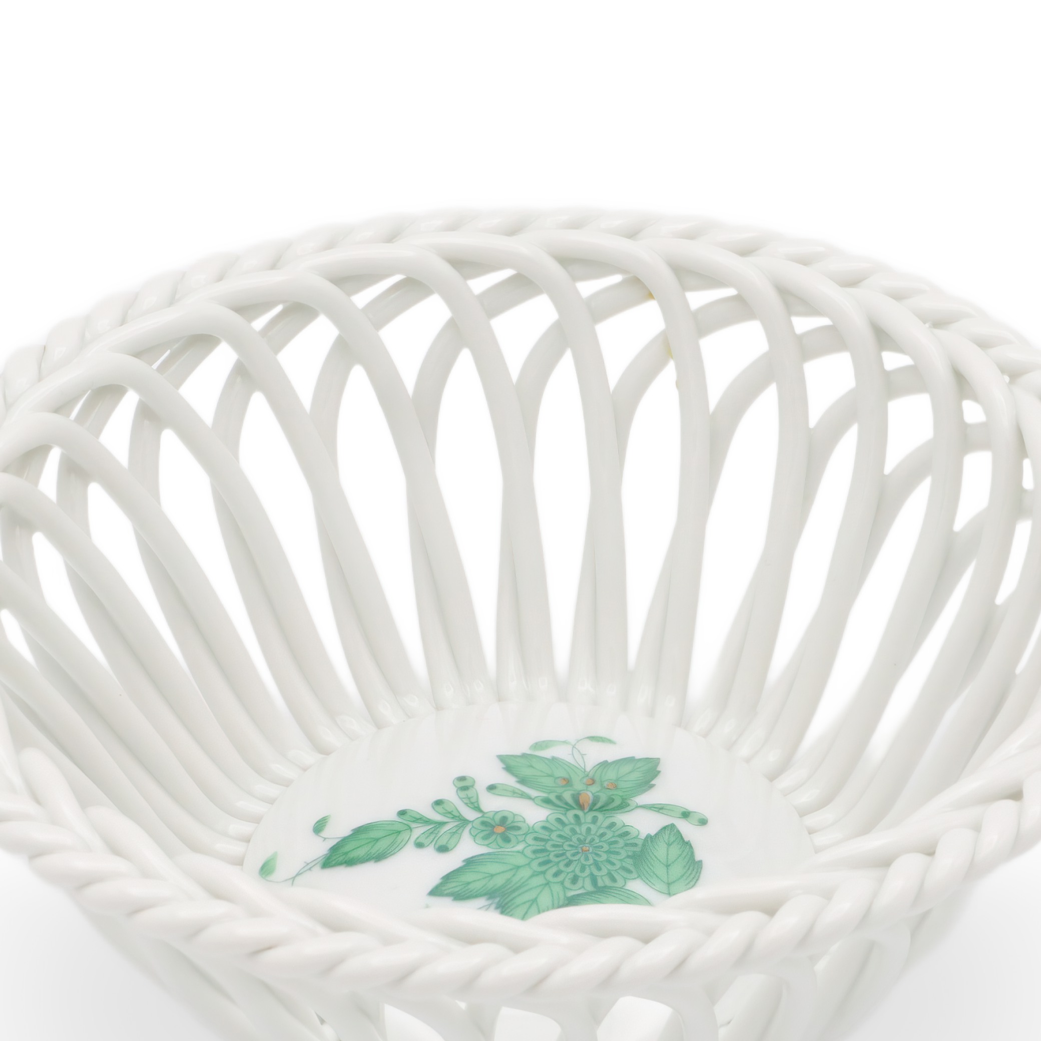 Herend Green Apponyi Hand Woven Basket Partial Close Up Thumbnail for Herend Green Apponyi Hand Woven Basket - Vintage Porcelain Centerpiece - Hungarian Fine China - Rare Floral Decor - Collectible