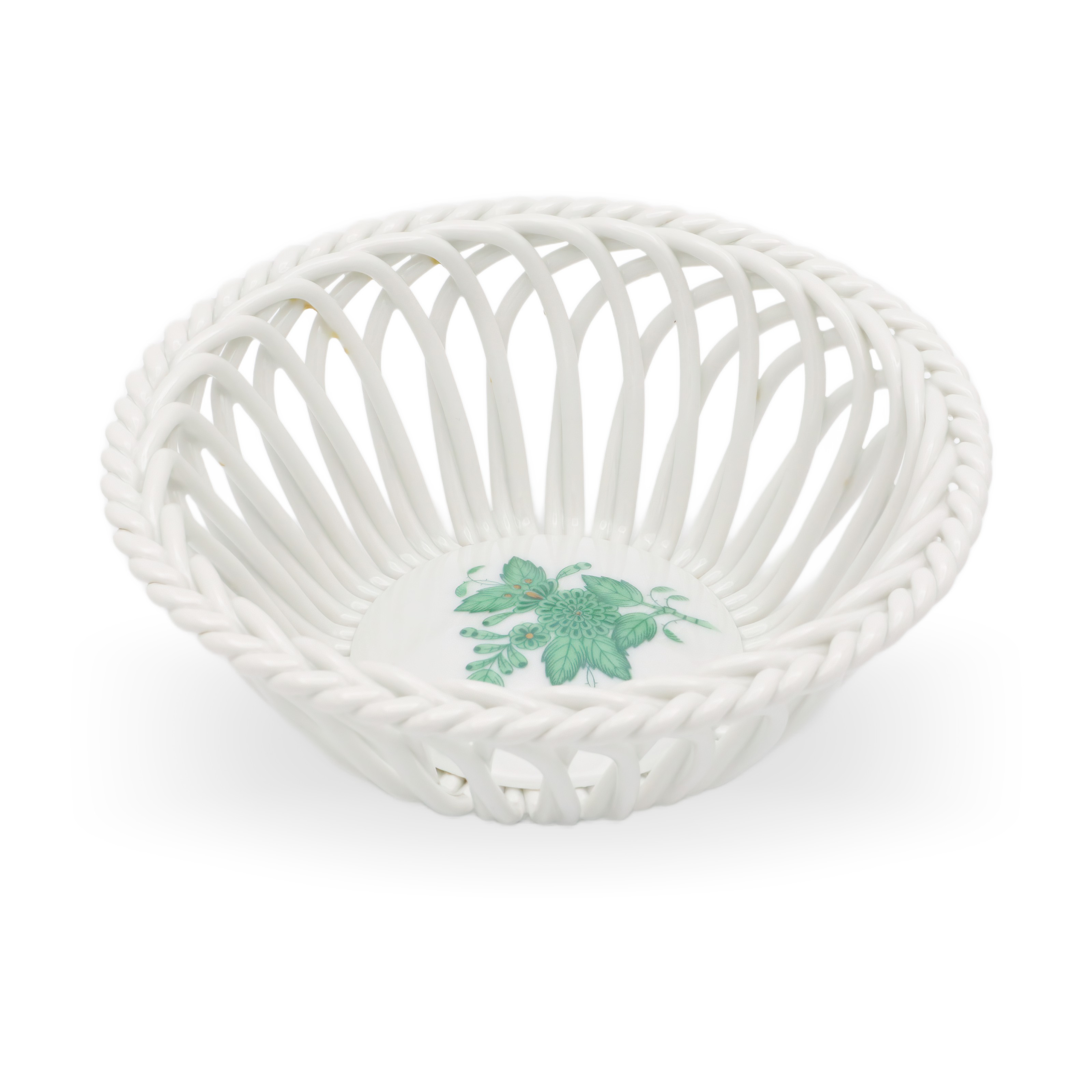 Herend Green Apponyi Hand Woven Porcelain Basket Top View Thumbnail for Herend Green Apponyi Hand Woven Basket - Vintage Porcelain Centerpiece - Hungarian Fine China - Rare Floral Decor - Collectible