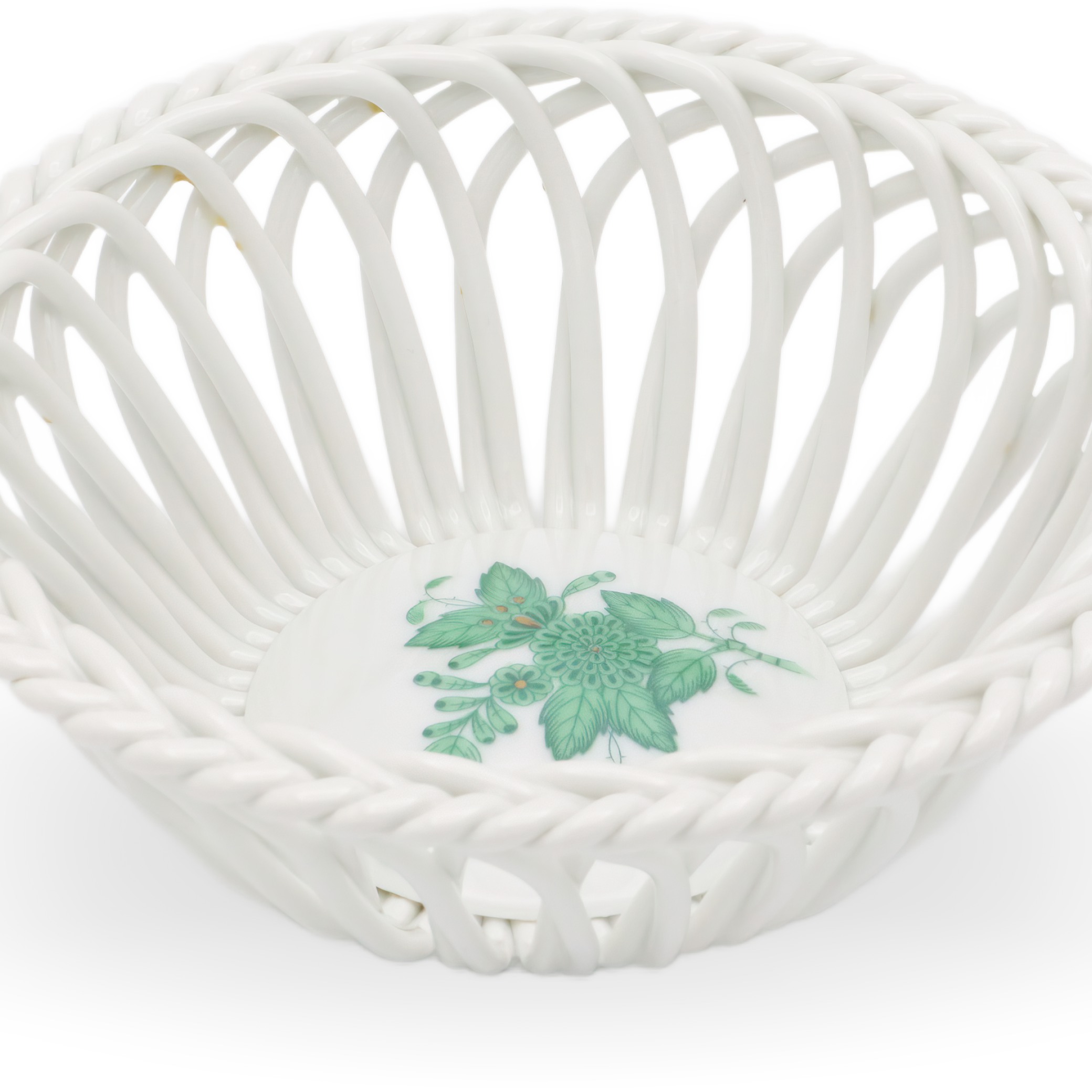 Herend Green Apponyi Hand Woven Basket Detailed View Thumbnail for Herend Green Apponyi Hand Woven Basket - Vintage Porcelain Centerpiece - Hungarian Fine China - Rare Floral Decor - Collectible