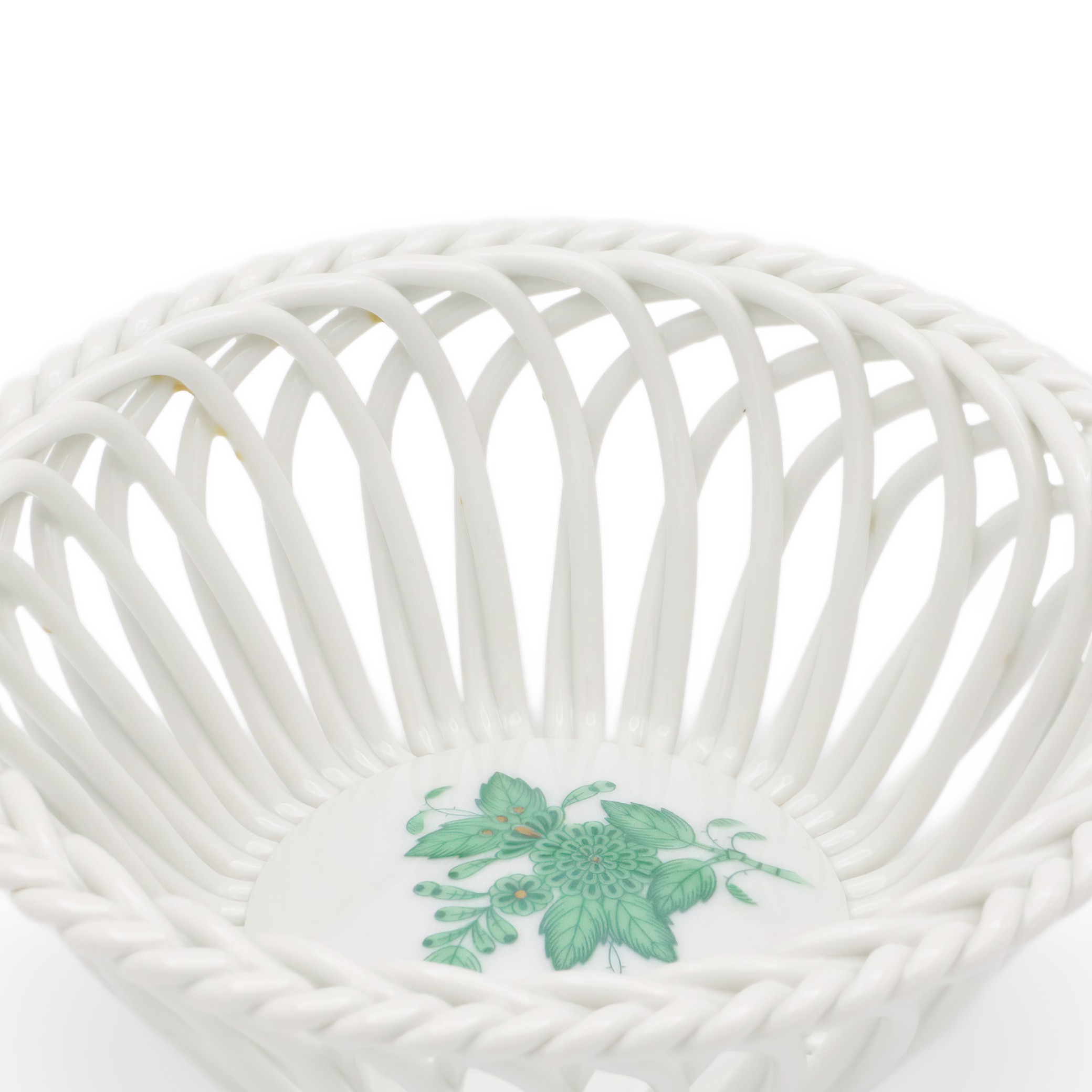 Herend Green Apponyi Hand Woven Basket Interior Close Up Thumbnail for Herend Green Apponyi Hand Woven Basket - Vintage Porcelain Centerpiece - Hungarian Fine China - Rare Floral Decor - Collectible