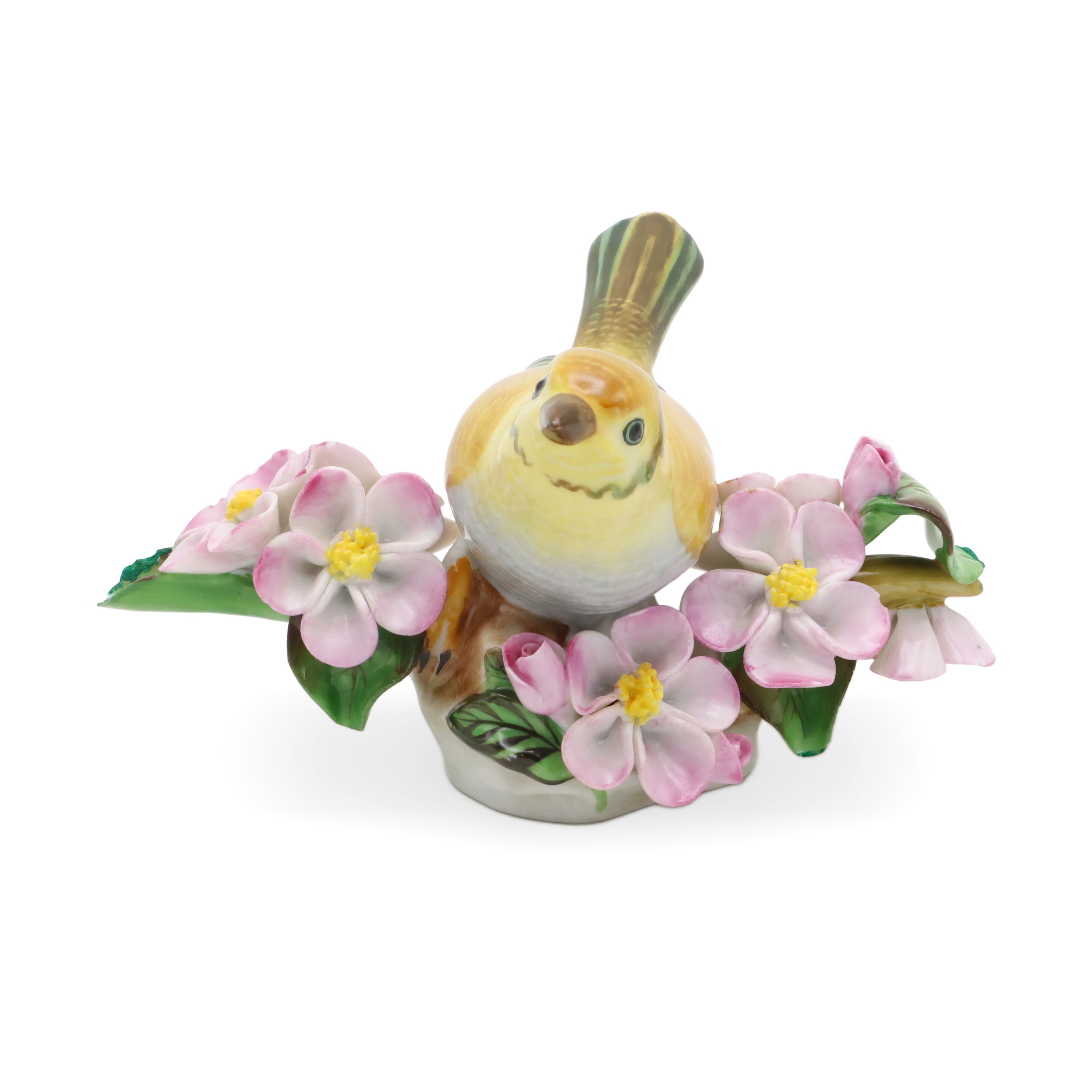 Herend Hand Painted Yellow Porcelain Bird figurine with pink flowers, collectible fine porcelain bird statue front view