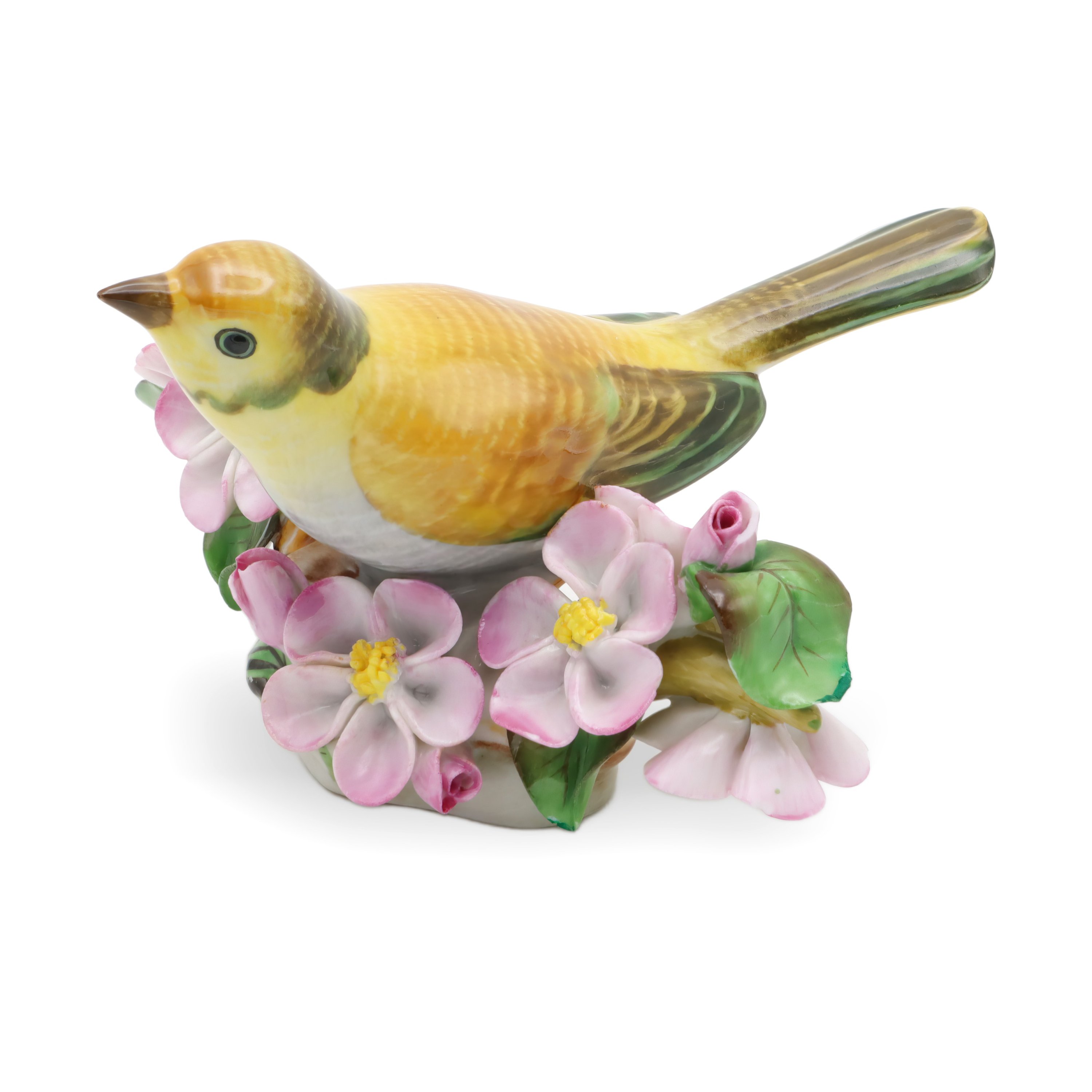 Herend Hand Painted Yellow Porcelain Bird figurine featuring delicate pink flowers, collectible fine porcelain bird statue