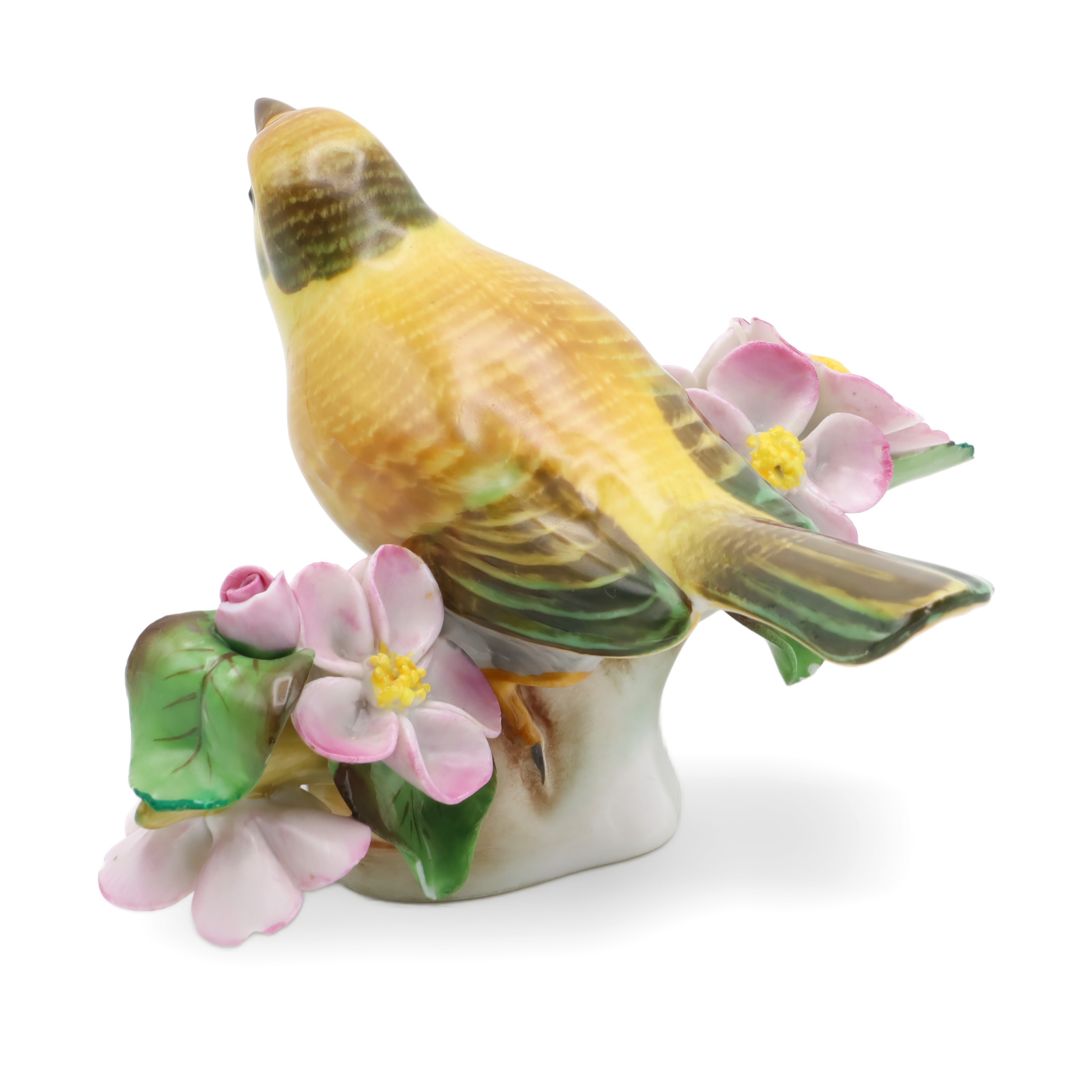 Herend Hand Painted Yellow Porcelain Bird figurine rear view with detailed pink flowers, fine collectible porcelain bird statue