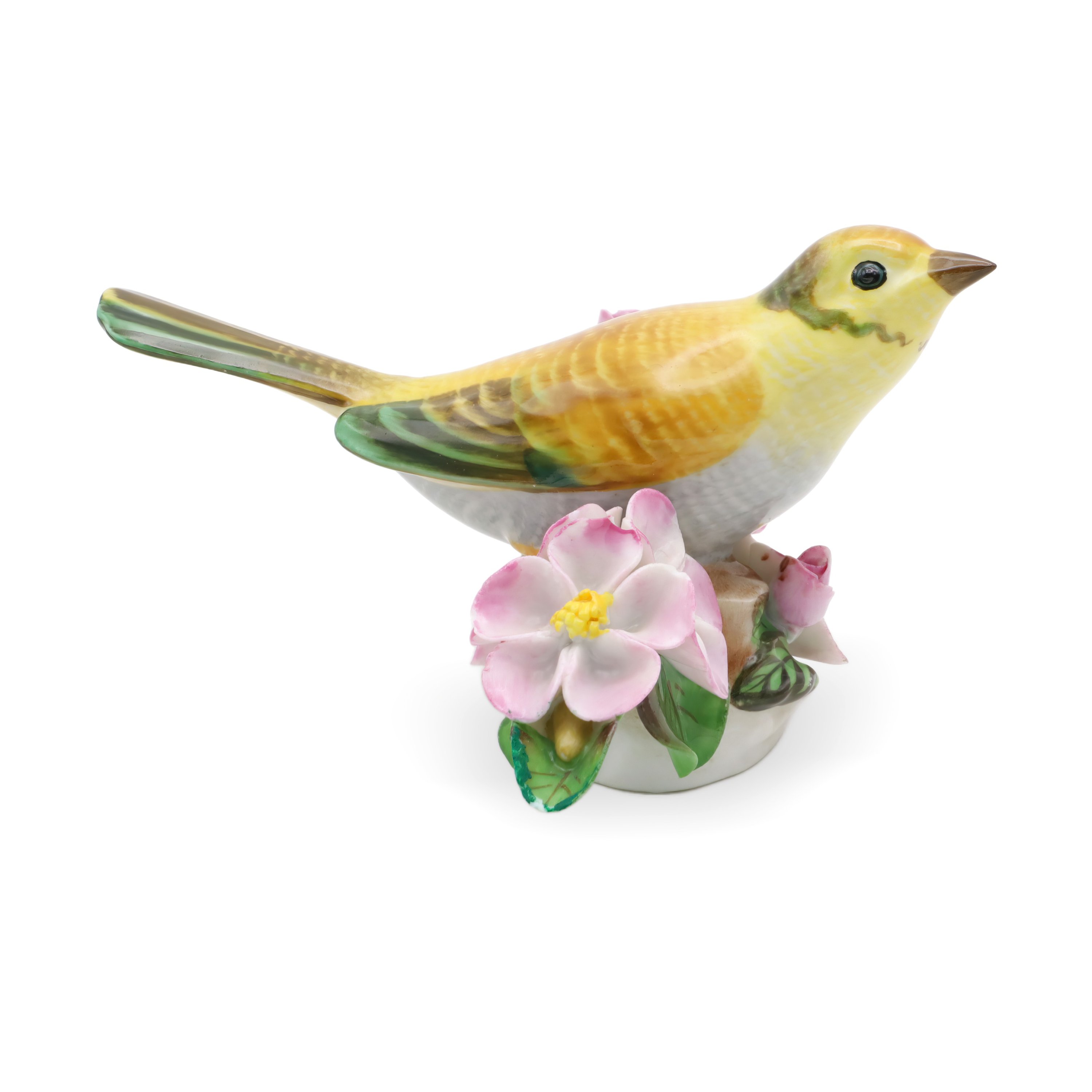 Herend Hand Painted Yellow Porcelain Bird figurine side view with pink flowers, collectible fine porcelain bird statue