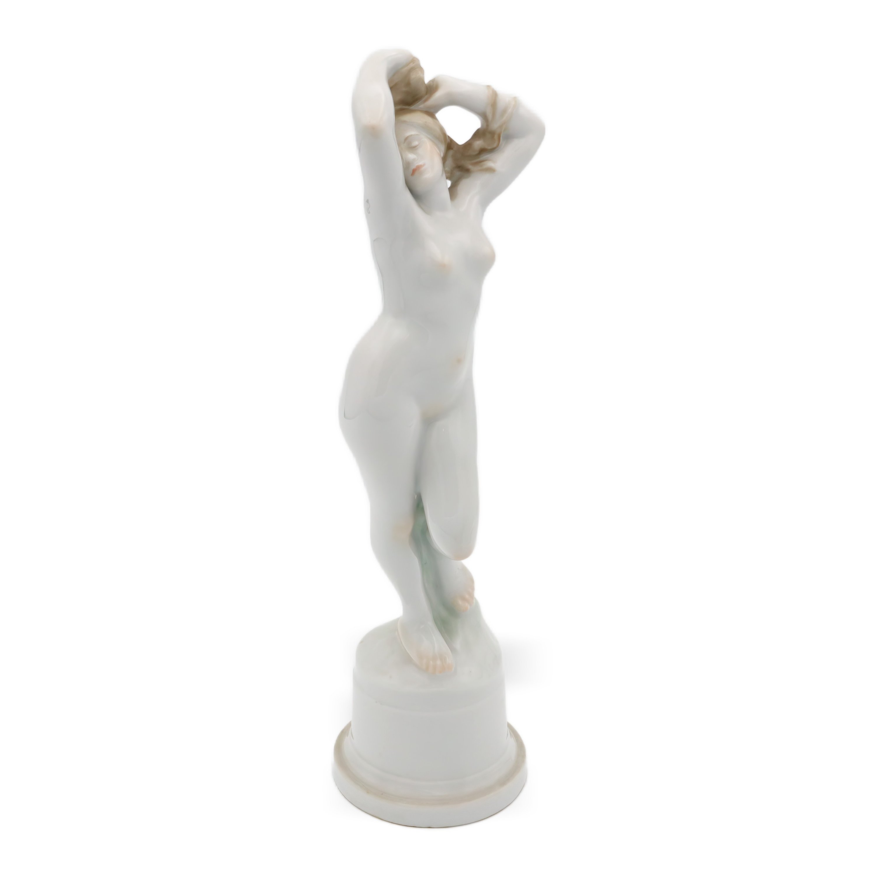 Herend Porcelain Art Deco Nude Nemes Gyorgy design full view showing elegant sculptural details and fine Hungarian porcelain craftsmanship