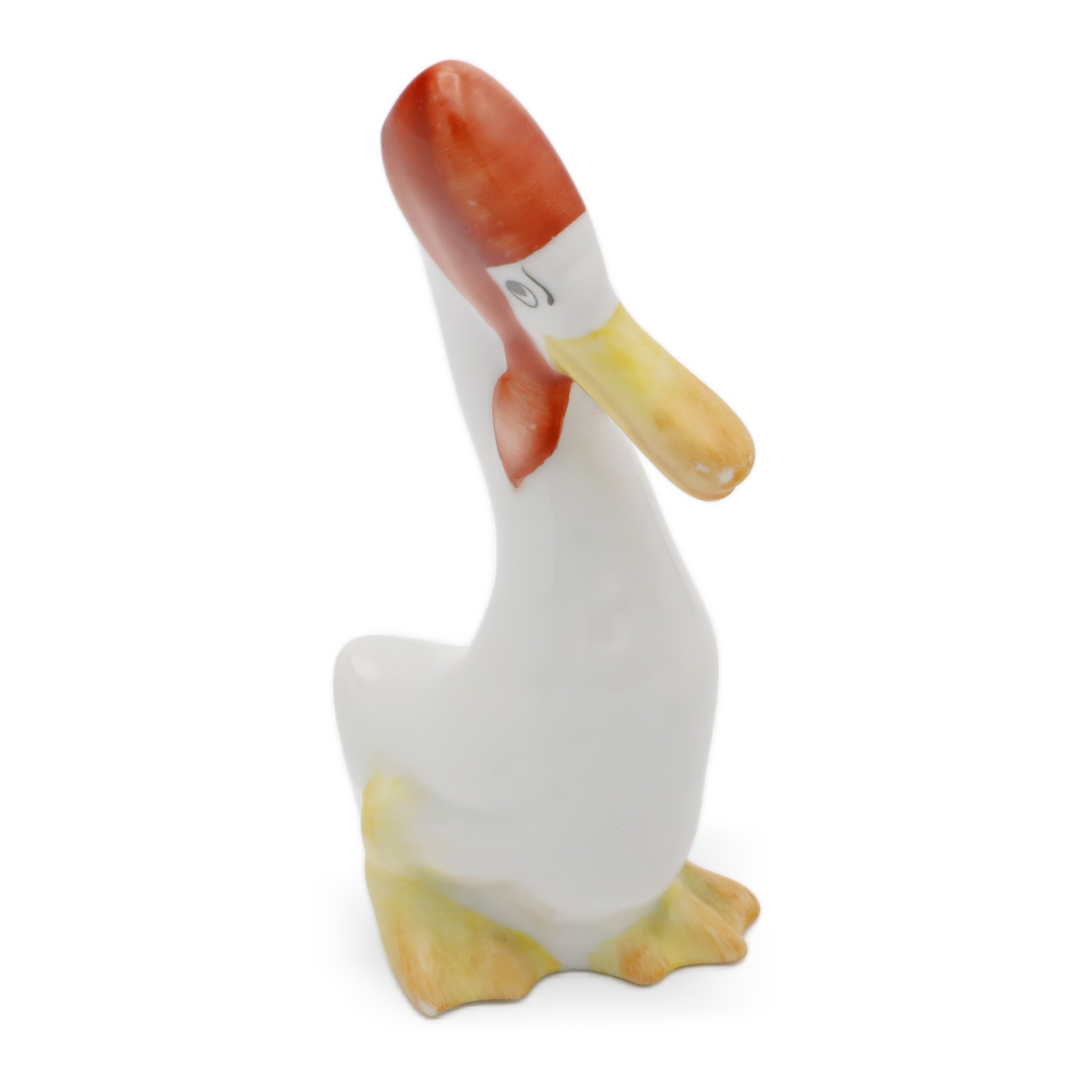 Herend Porcelain Goose Figurine Wearing Red Bonnet - Hungary Hand Painted Animal - Collectible Waterfowl Sculpture