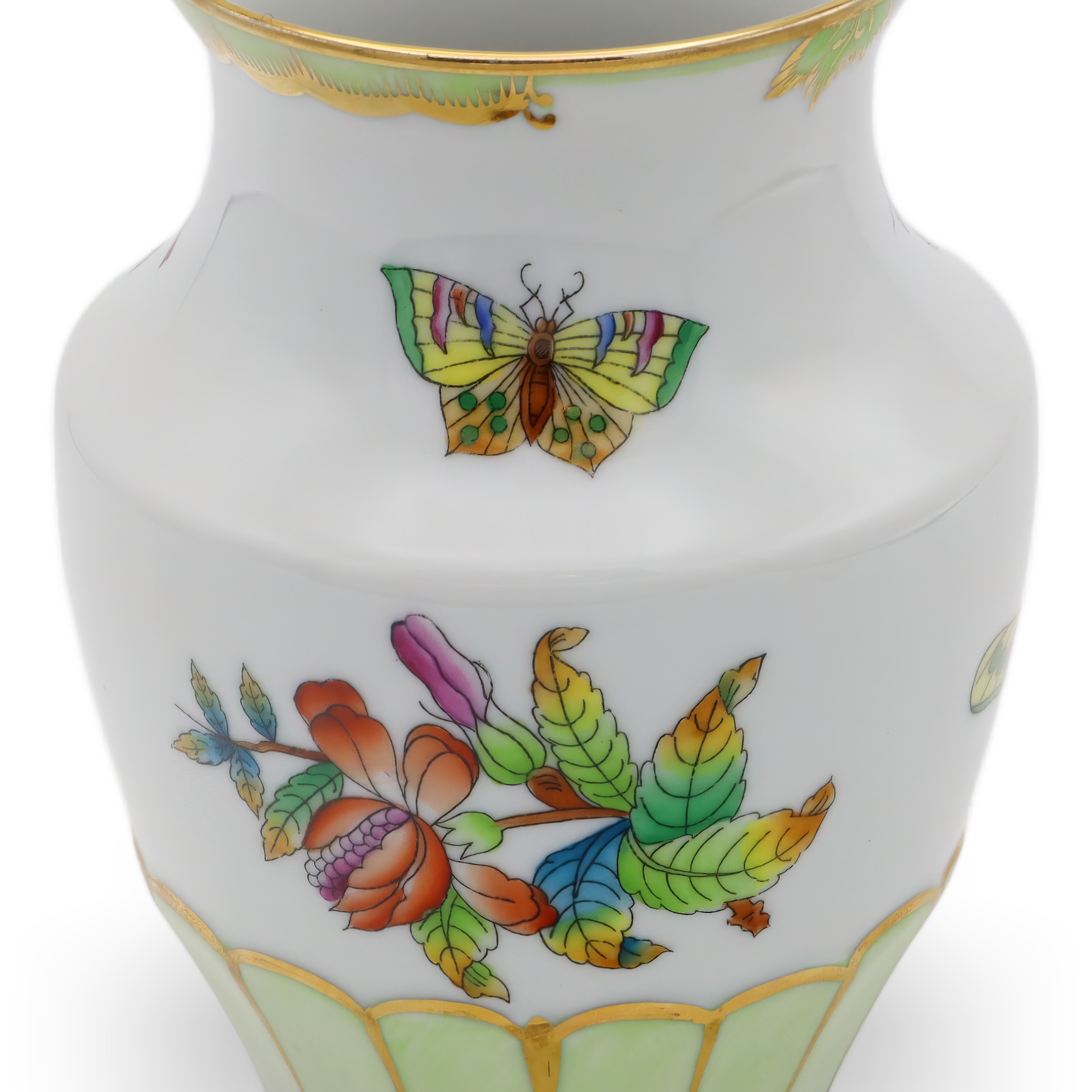 Herend Queen Victoria Small Vase Golden Skirt Detailed Close Up Thumbnail for Herend Queen Victoria Small Vase Golden Skirt - Butterfly Motif - Vintage Hand Painted Vase