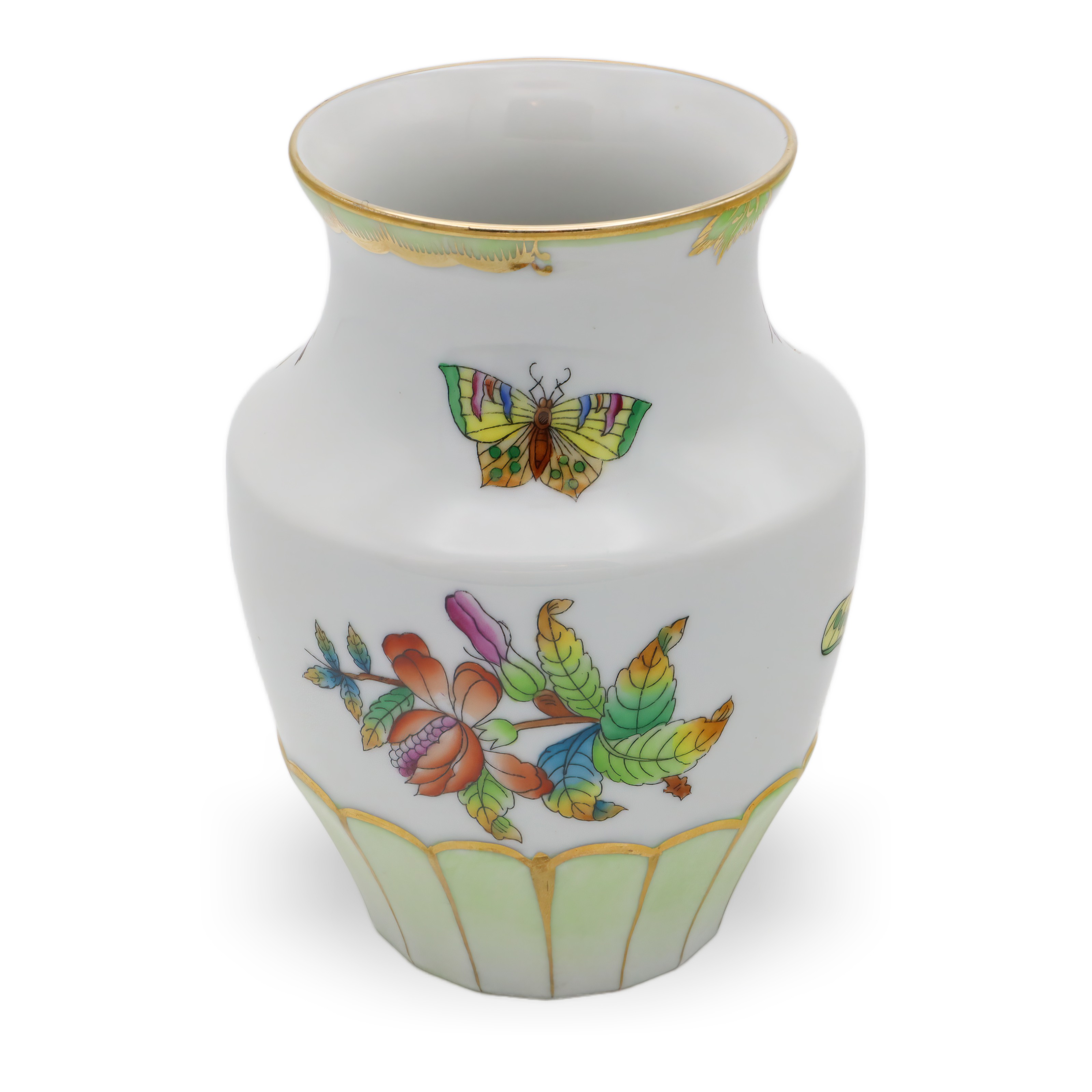 Herend Queen Victoria Small Vase Golden Skirt Main Design View Thumbnail for Herend Queen Victoria Small Vase Golden Skirt - Butterfly Motif - Vintage Hand Painted Vase