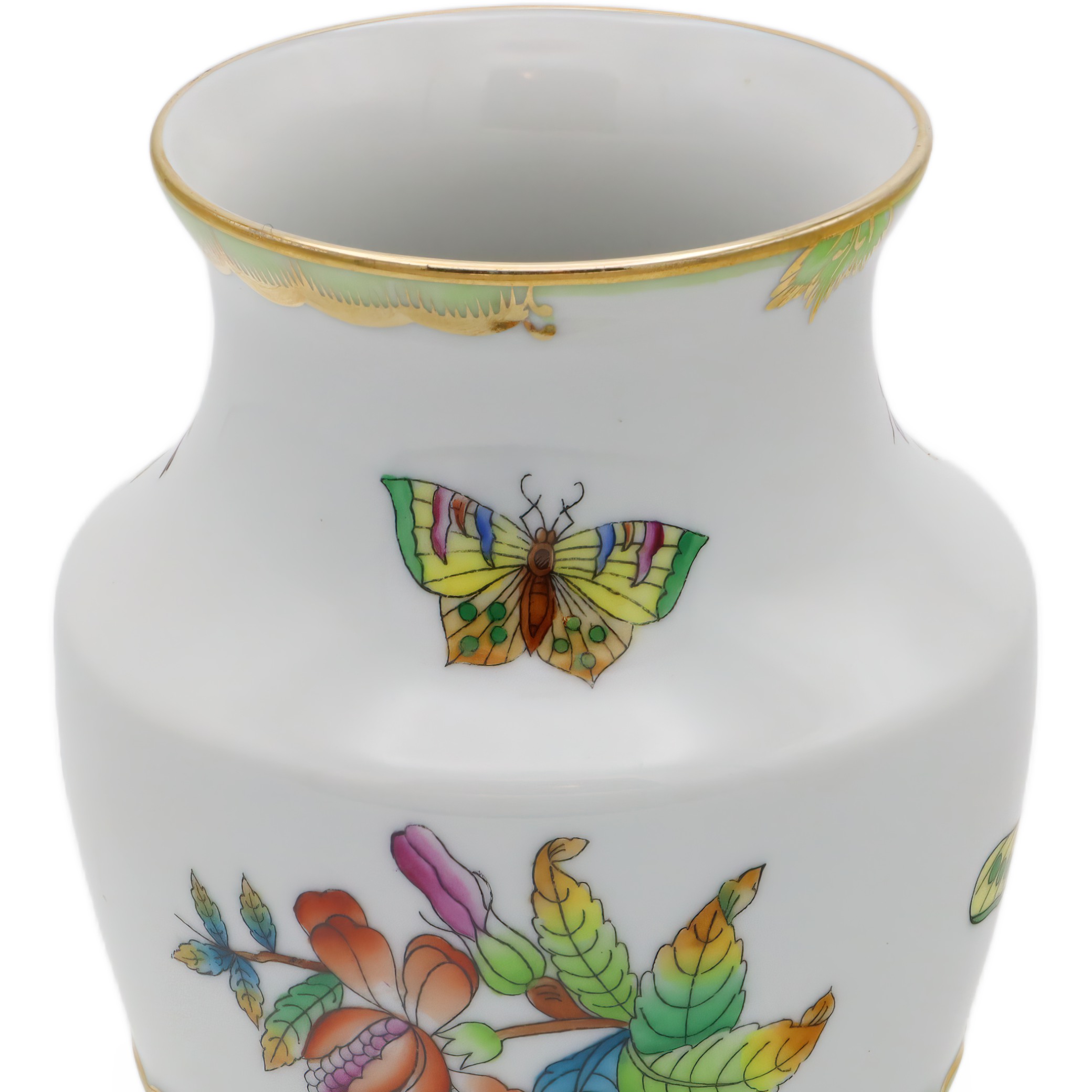 Herend Queen Victoria Small Vase Golden Skirt Neck Close Up Thumbnail for Herend Queen Victoria Small Vase Golden Skirt - Butterfly Motif - Vintage Hand Painted Vase
