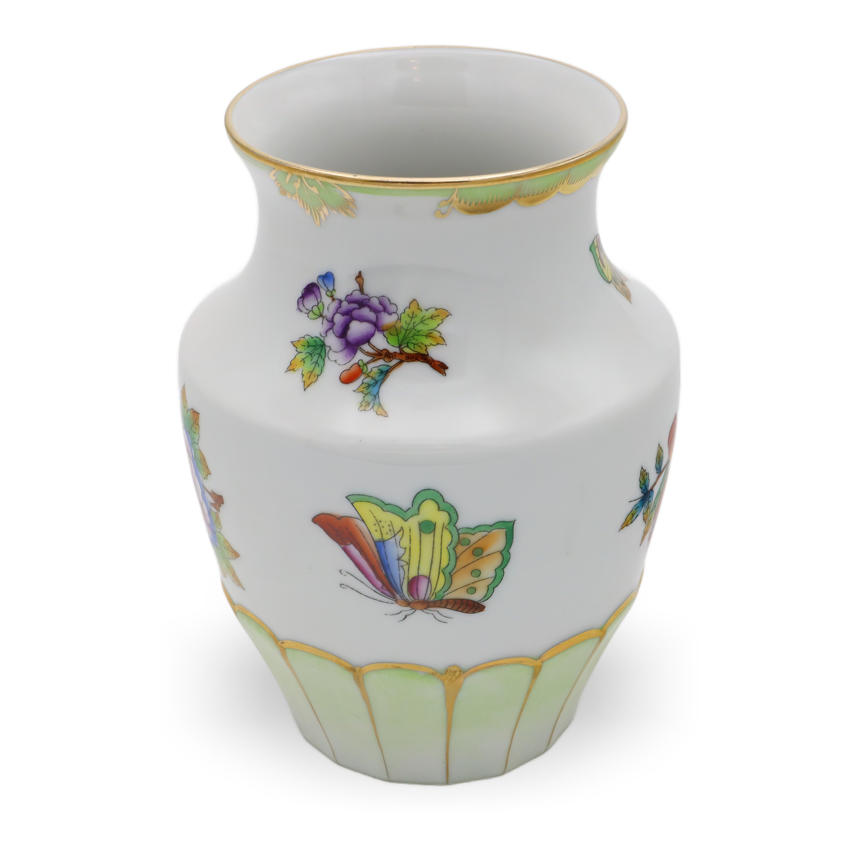 Herend Queen Victoria Small Vase Golden Skirt angled view featuring hand-painted butterfly, floral design, and gold accents on fine Hungarian porcelain
