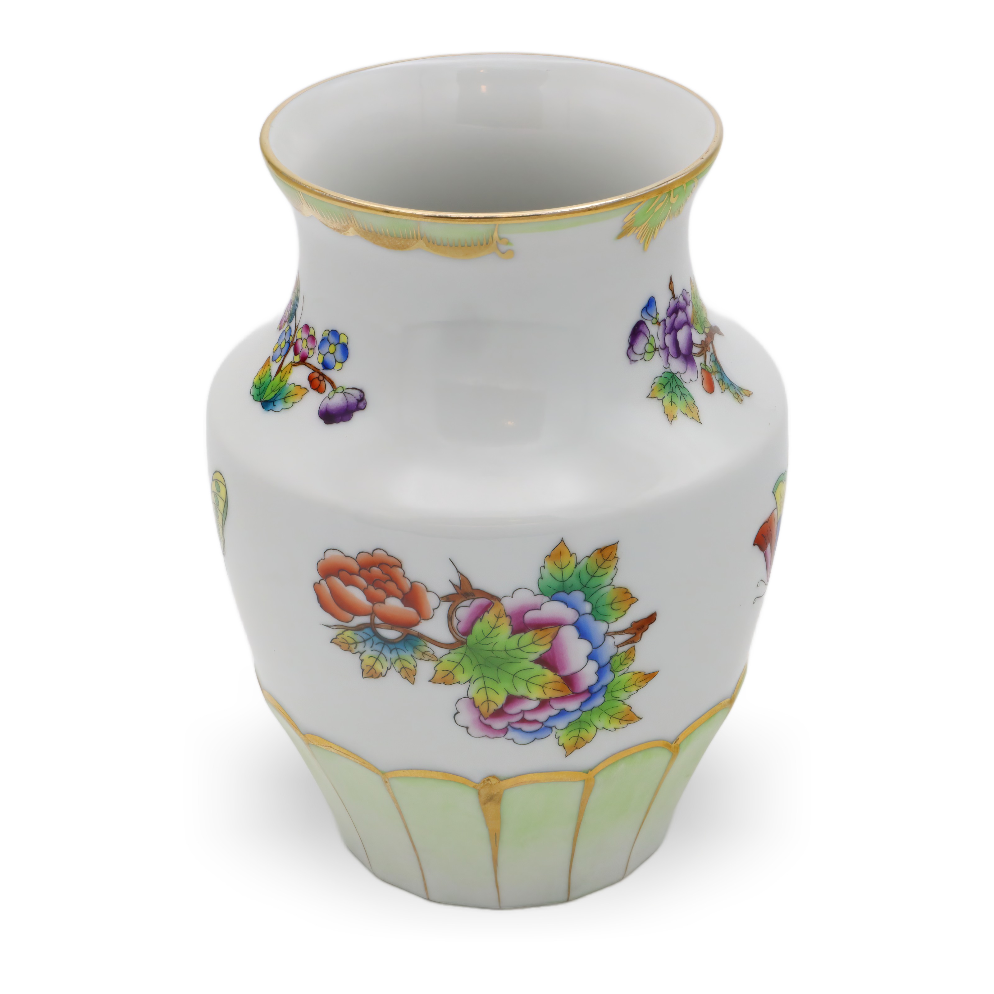 Herend Queen Victoria Small Vase Golden Skirt Full View Thumbnail for Herend Queen Victoria Small Vase Golden Skirt - Butterfly Motif - Vintage Hand Painted Vase