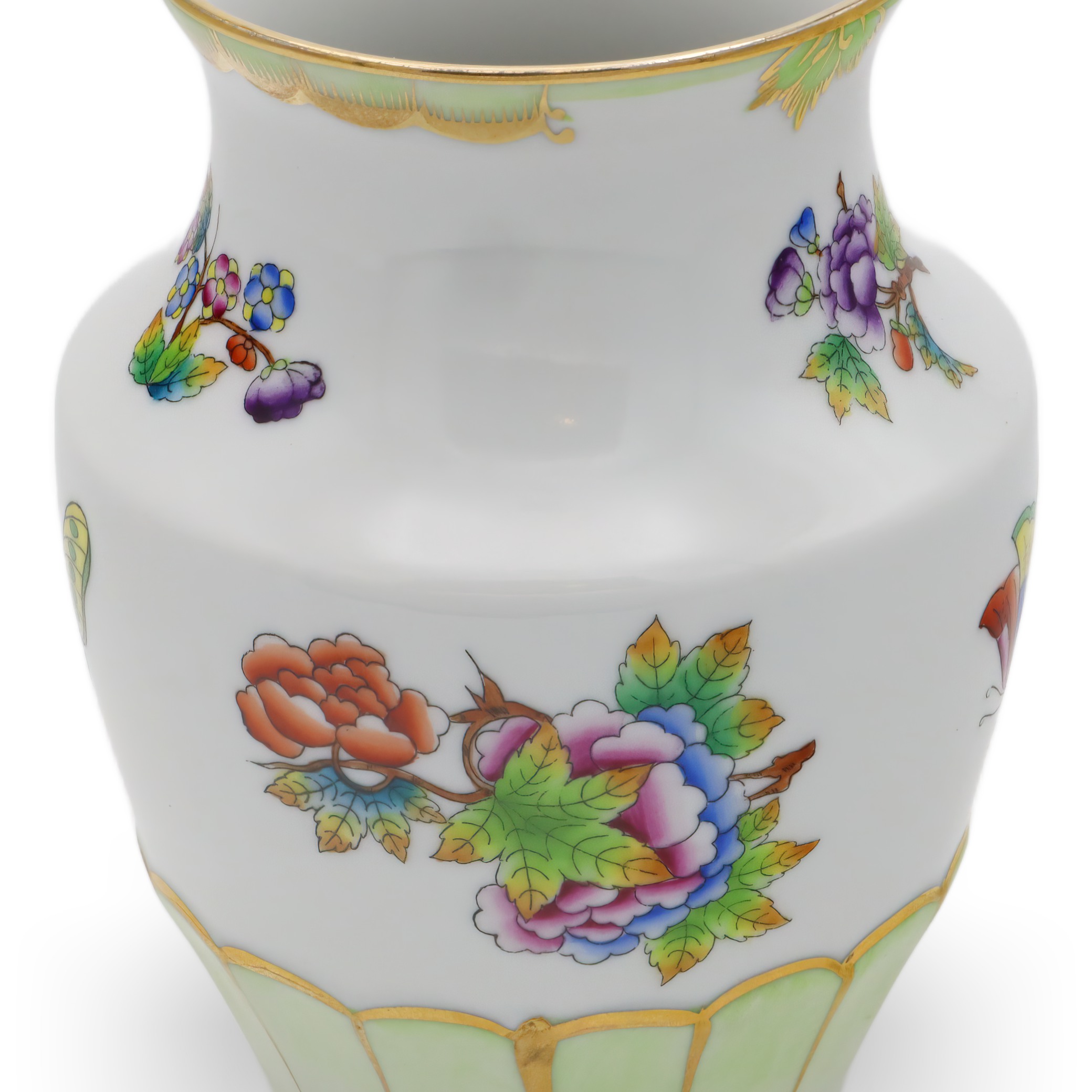 Herend Queen Victoria Small Vase Golden Skirt Detailed View Thumbnail for Herend Queen Victoria Small Vase Golden Skirt - Butterfly Motif - Vintage Hand Painted Vase
