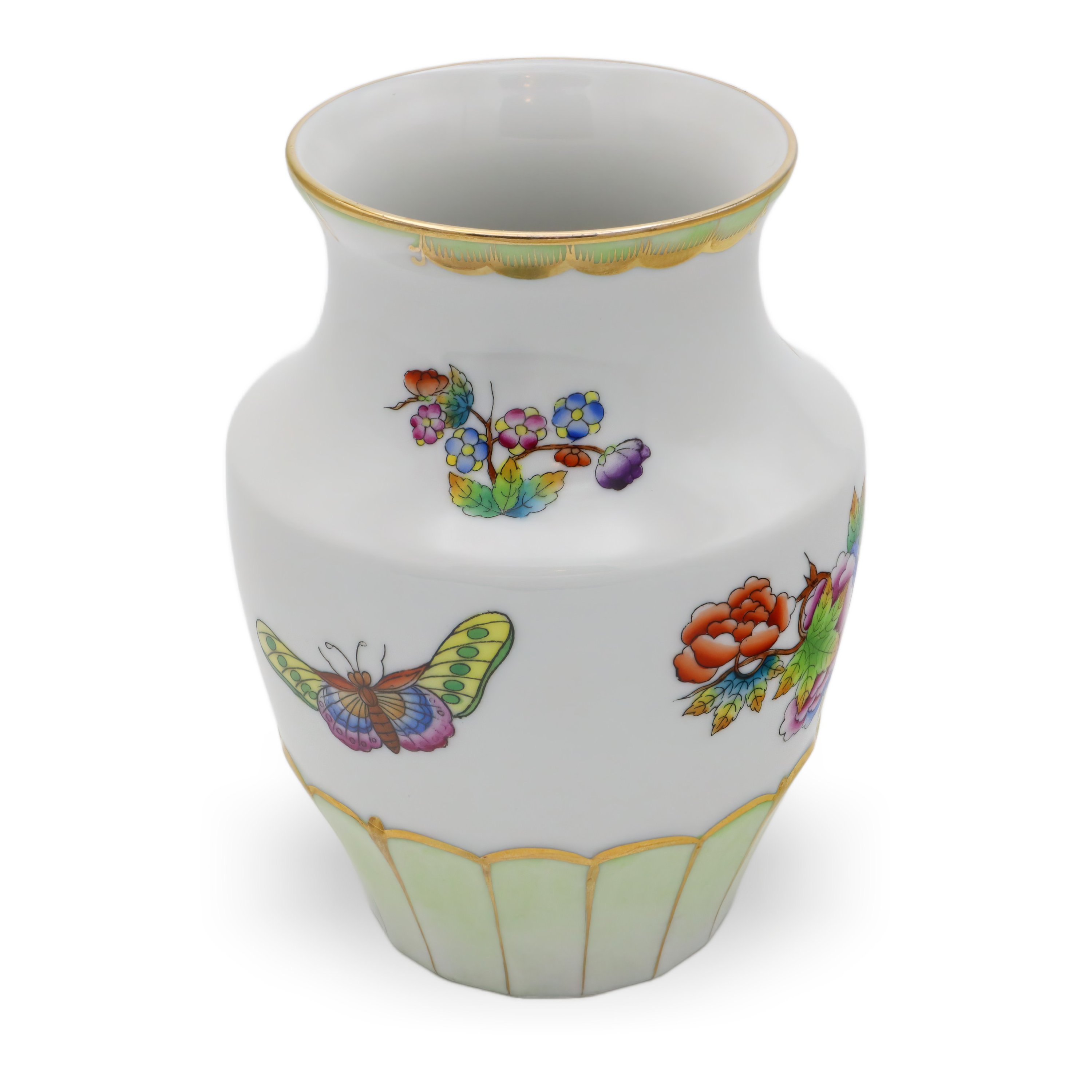 Herend Queen Victoria Small Vase Golden Skirt top view showing hand-painted butterfly, floral design, and gold rim on fine Hungarian porcelain