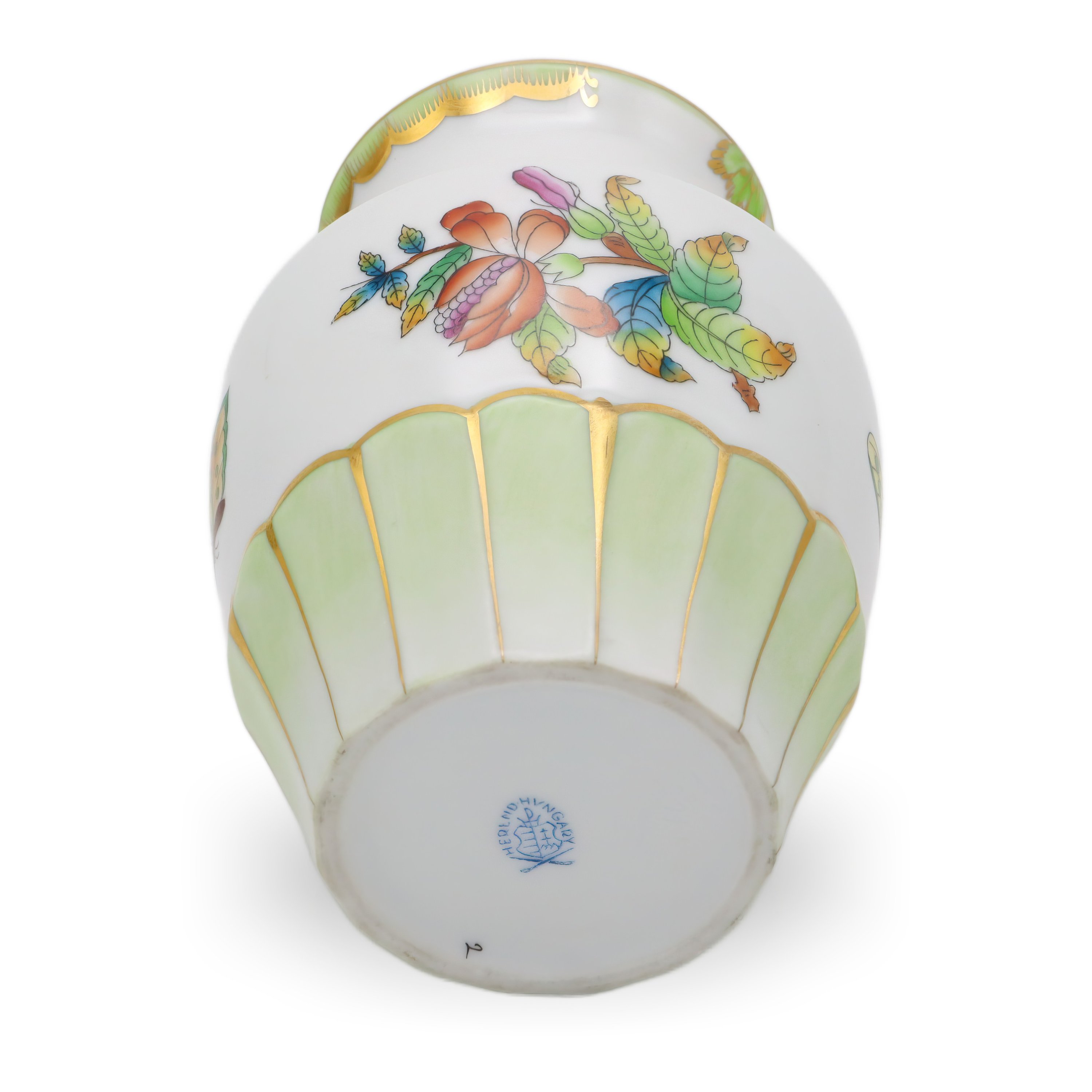 Herend Queen Victoria Small Vase Golden Skirt base detailed view showing porcelain mark, hand-painted floral and butterfly design with gold accents