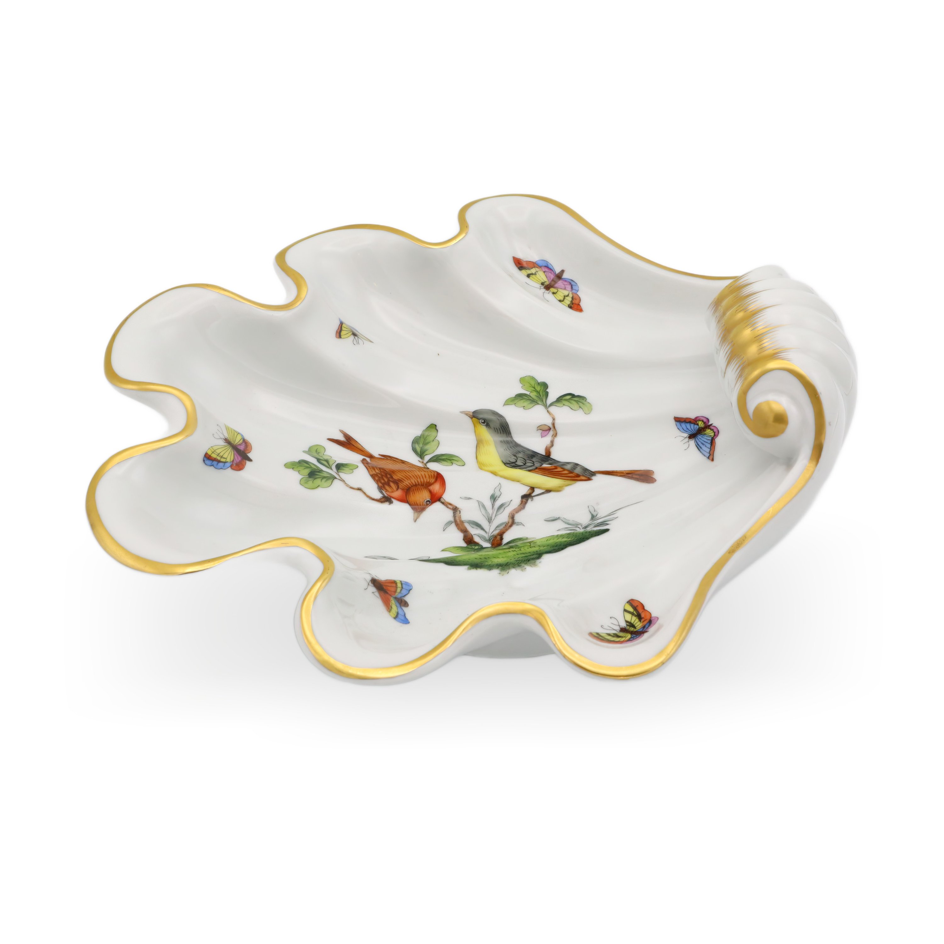 Herend Rothschild Shell Tray angled view featuring hand-painted birds, butterflies, and gold rim on fine porcelain collectible