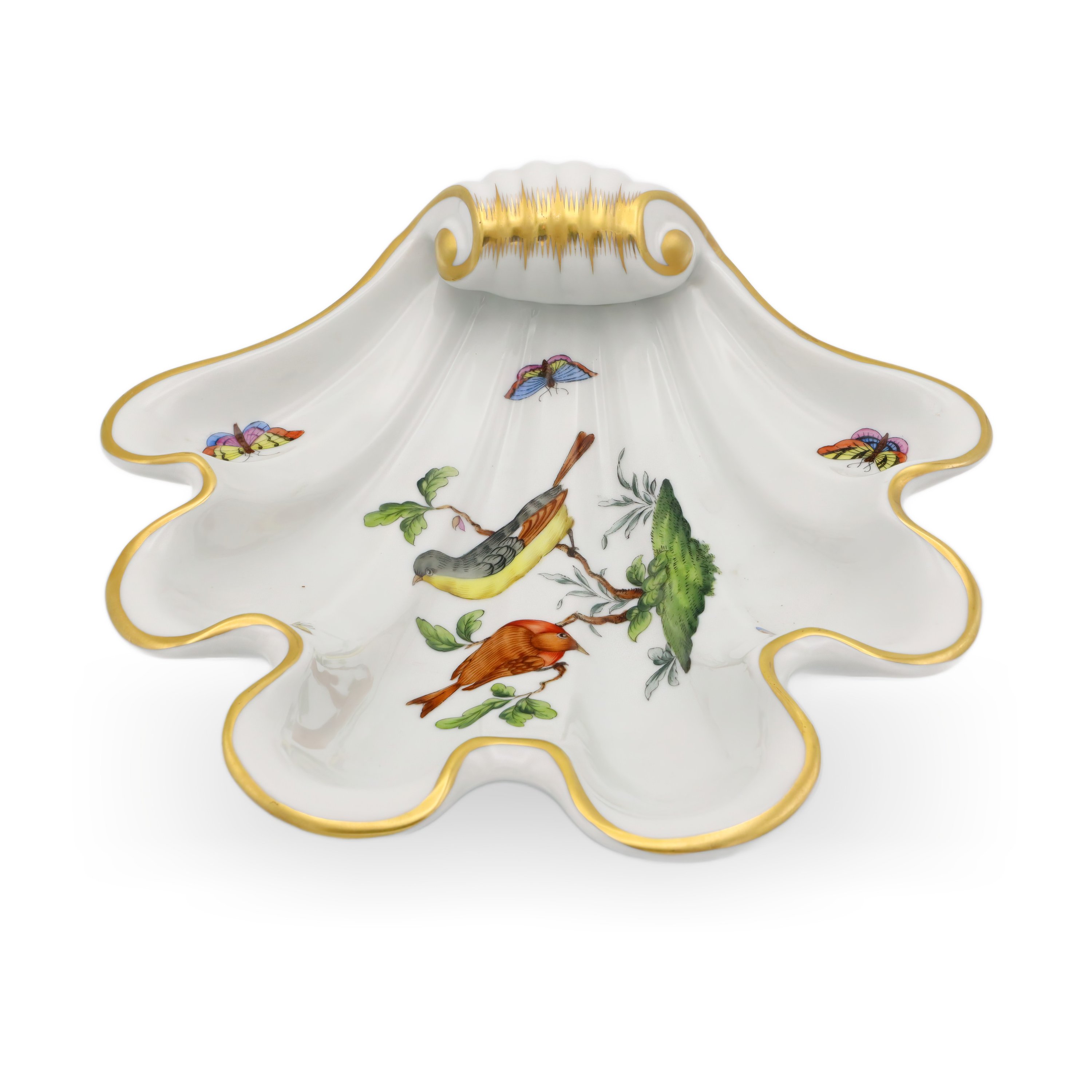Herend Rothschild Shell Tray featuring hand-painted birds, butterflies, and gold rim, fine porcelain collectible