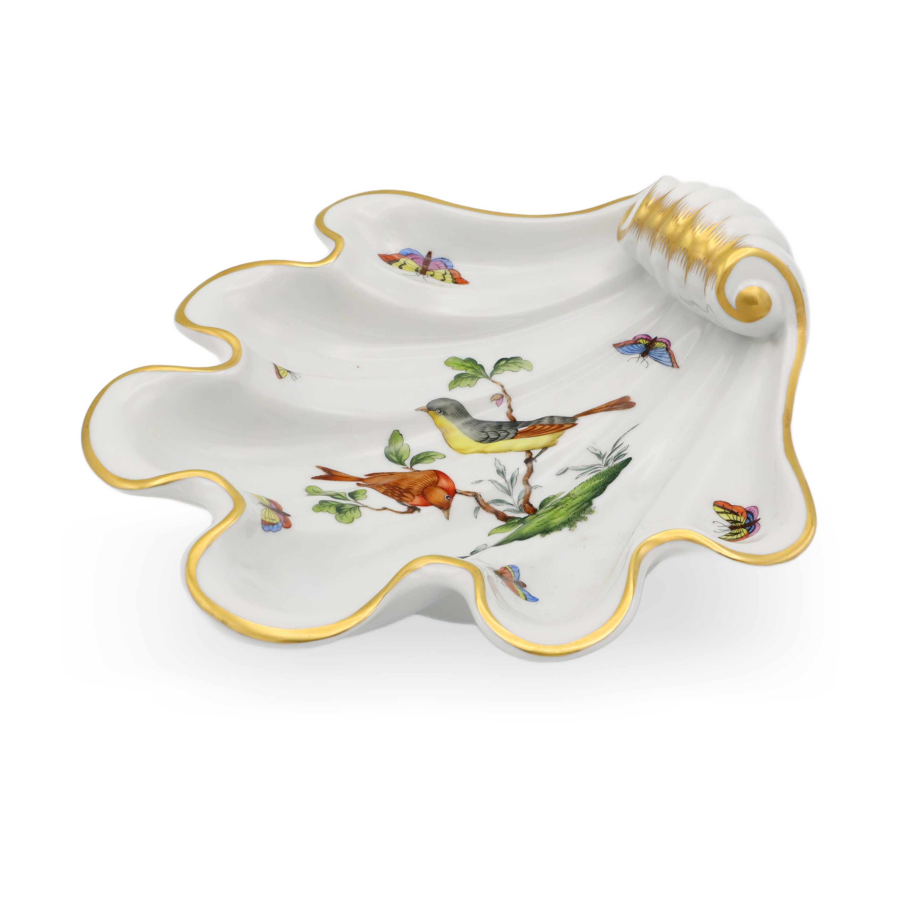 Herend Rothschild Shell Tray close up showing hand-painted birds, butterflies, and gold rim on fine porcelain collectible