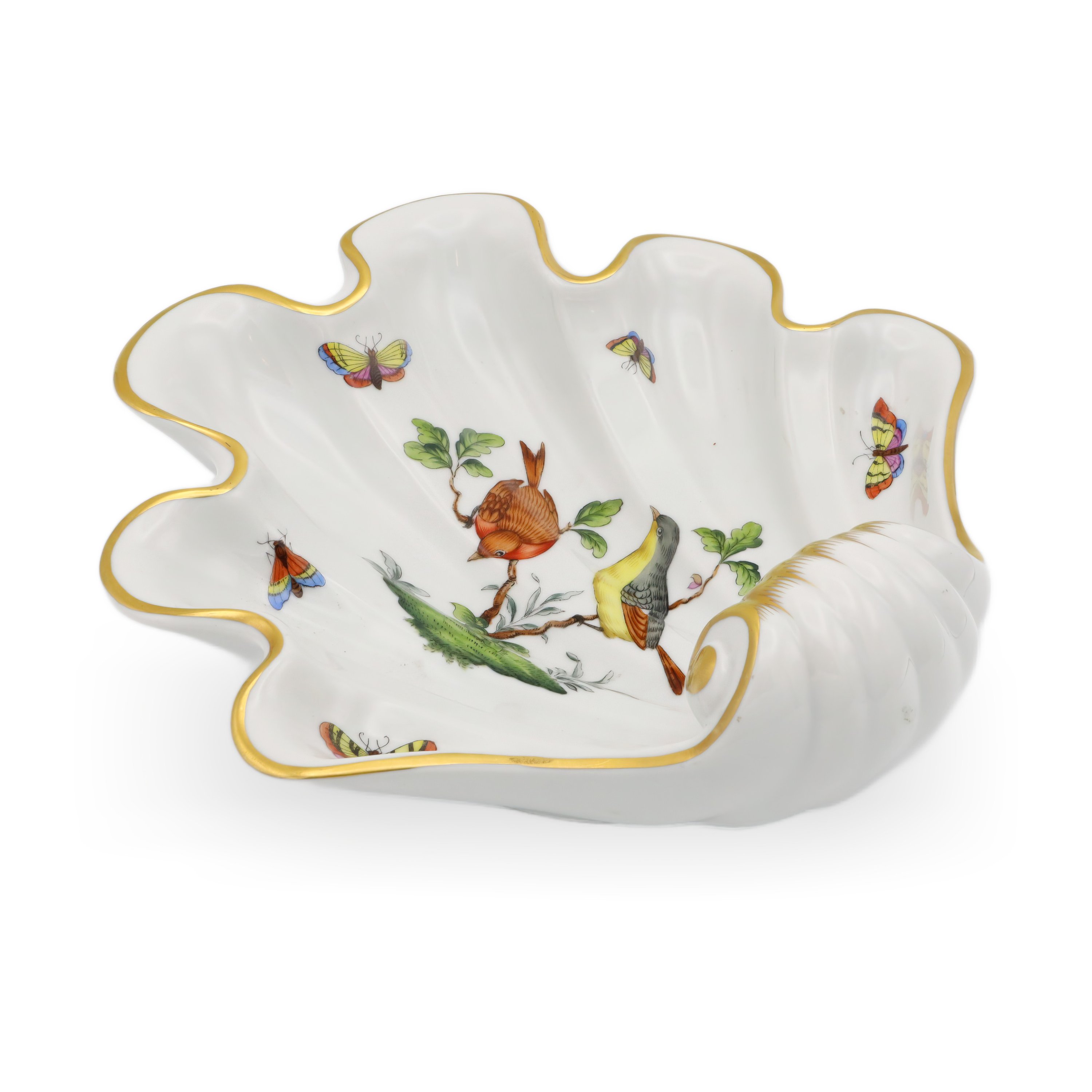 Herend Rothschild Shell Tray full view featuring hand-painted birds, butterflies, and gold rim on fine porcelain collectible