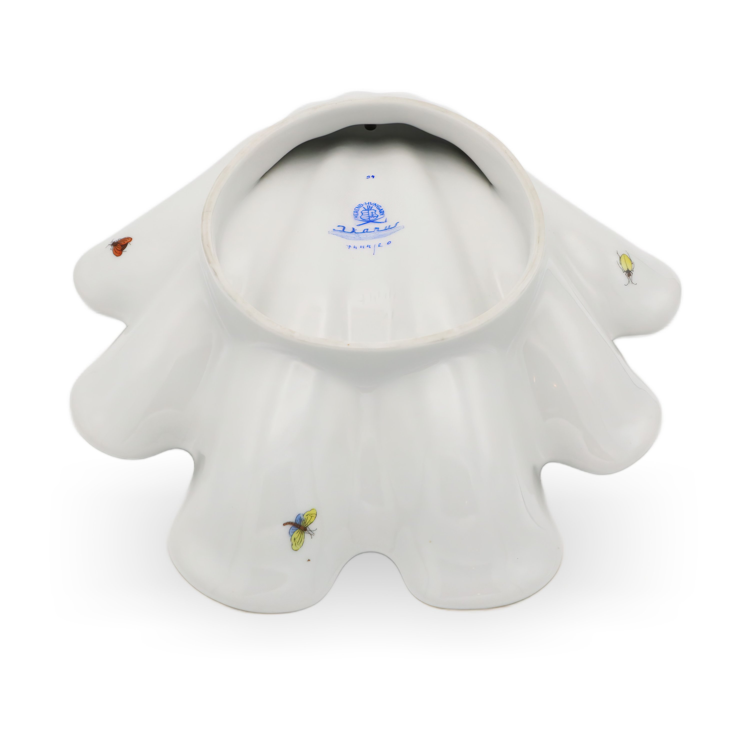 Herend Rothschild Shell Tray base detailed view showing porcelain mark and hand-painted butterfly decorations on fine Hungarian porcelain