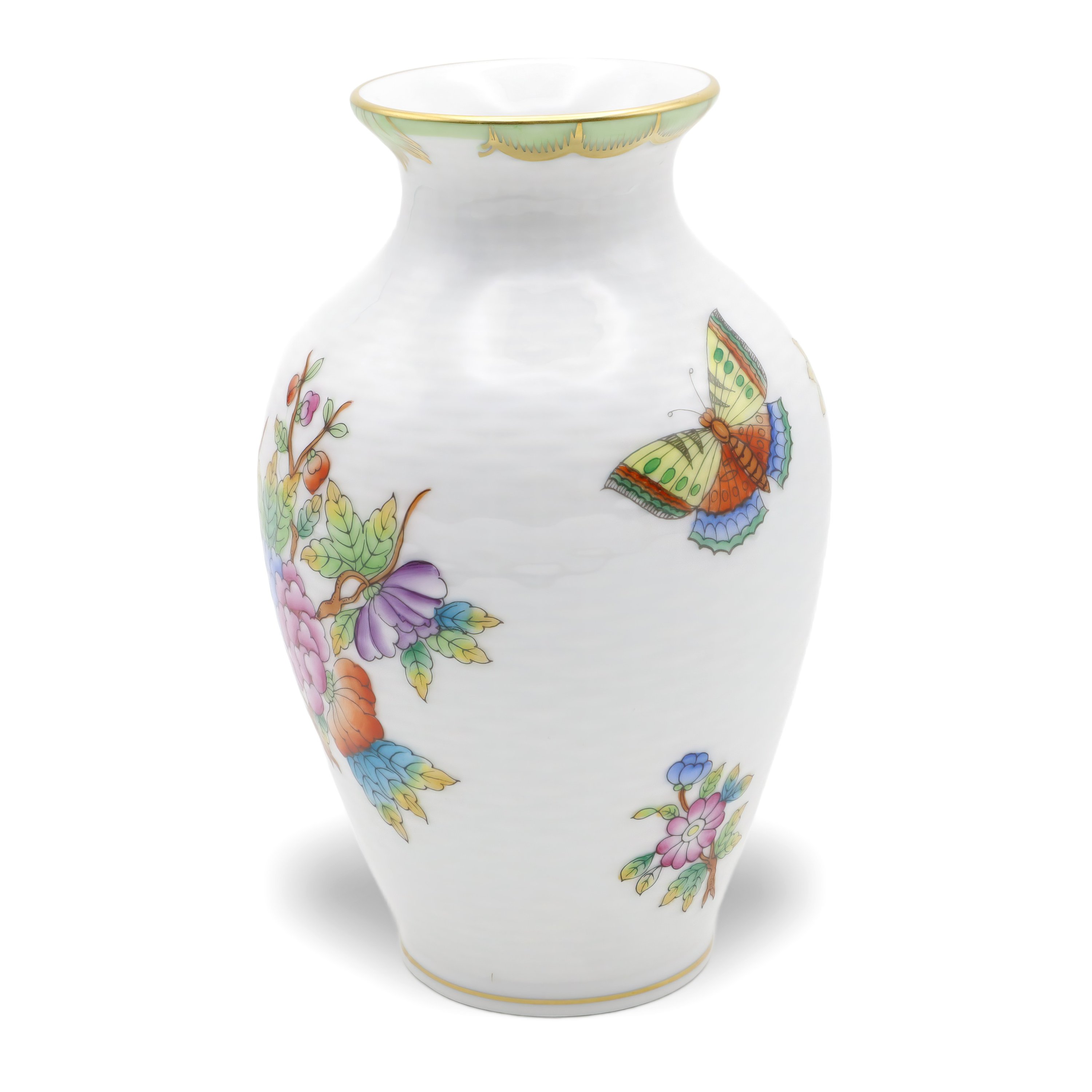 Herend Victoria Basket Weave Floral Vase front view with hand-painted butterfly and floral porcelain design