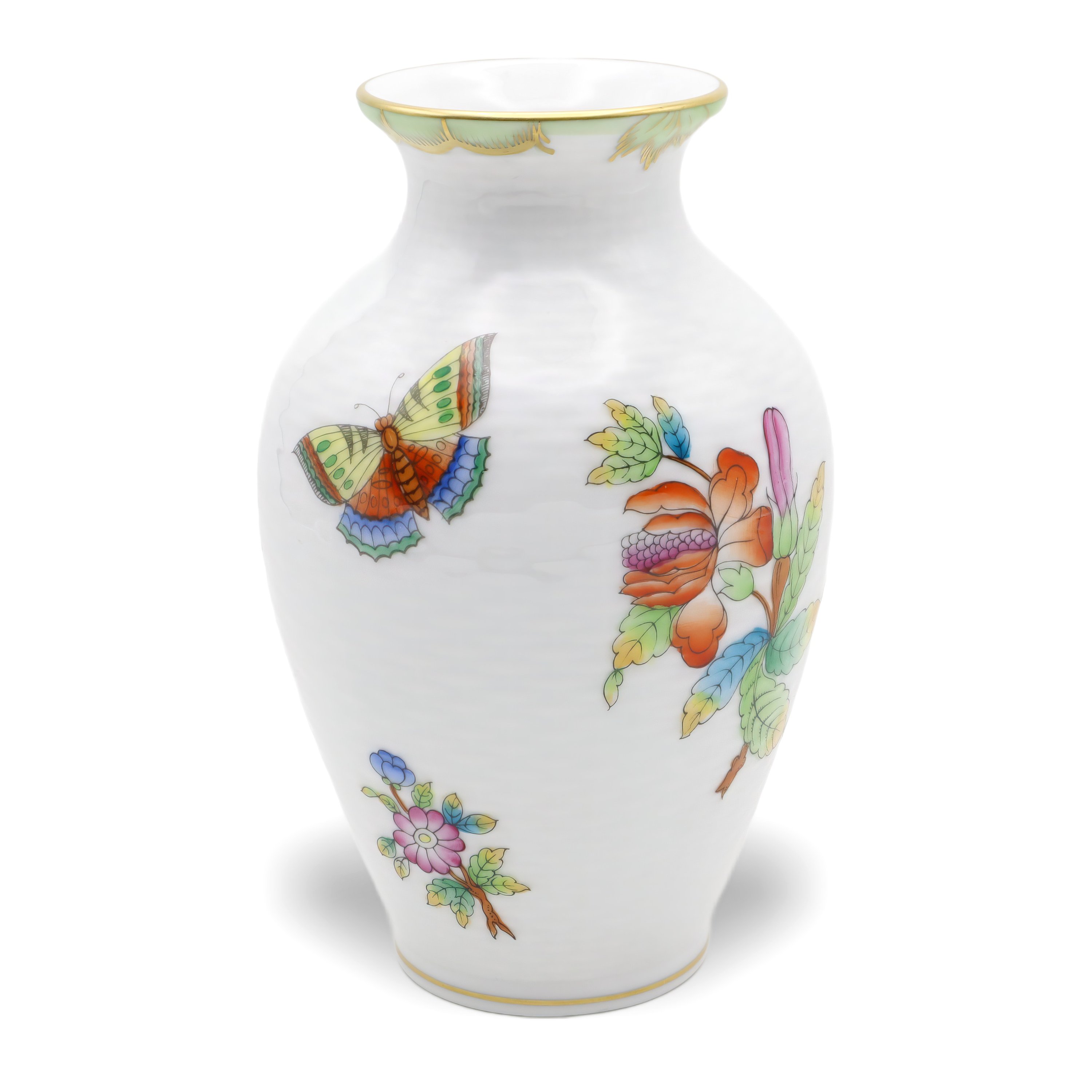 Herend Victoria Basket Weave Floral Vase featuring hand-painted butterfly and floral decorations, fine porcelain craftsmanship
