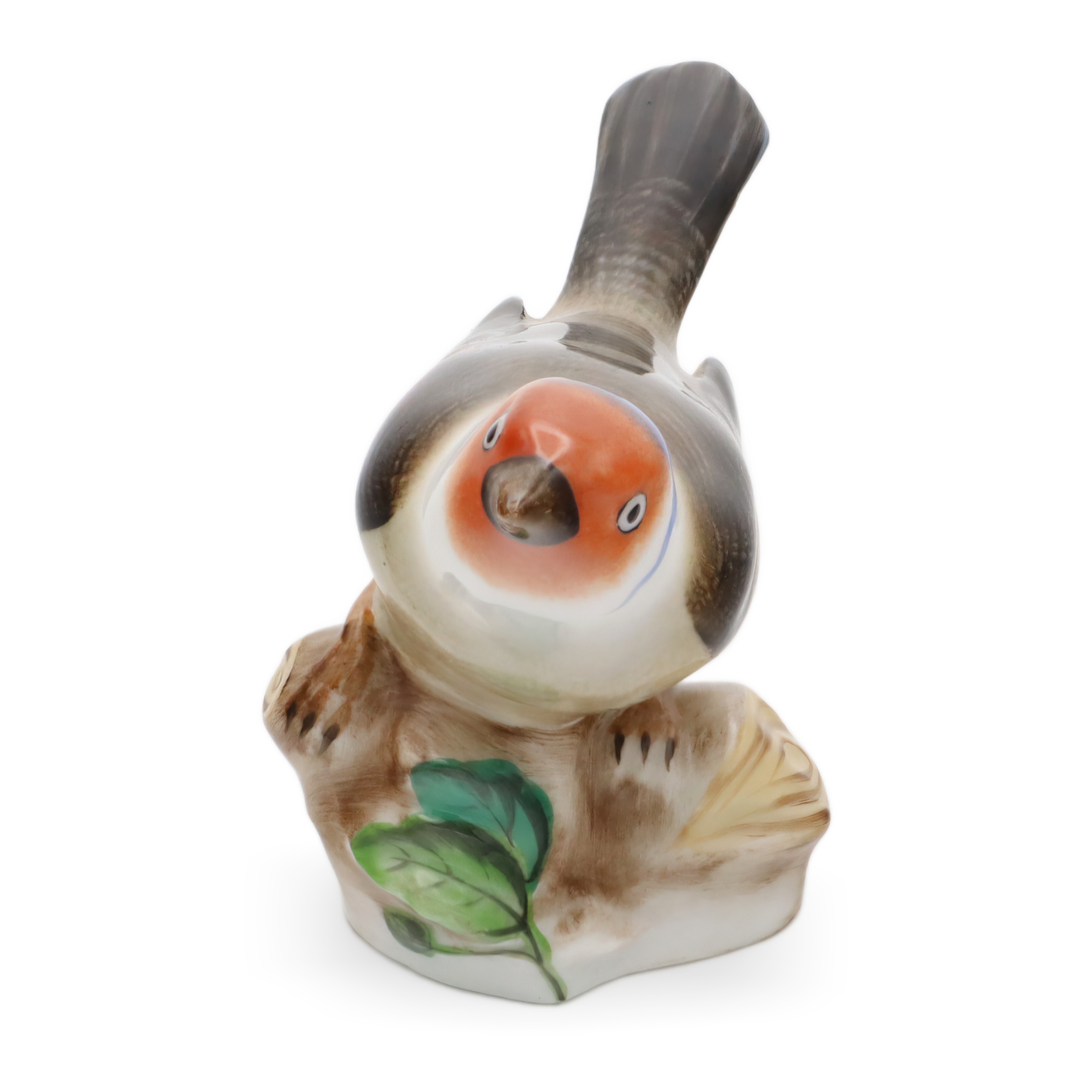 Hand-Painted Herend Porcelain Bird Vintage Figurine with Leaf Detail