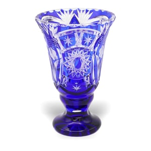 Bohemia Crystal Glass Hand Cut Blue Flower Vase - Czech Vintage Centerpiece Decor