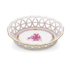 Herend Apponyi Purple Oval Reticulated Basket - Porcelain Centerpiece - Pierced Fruit Bowl
