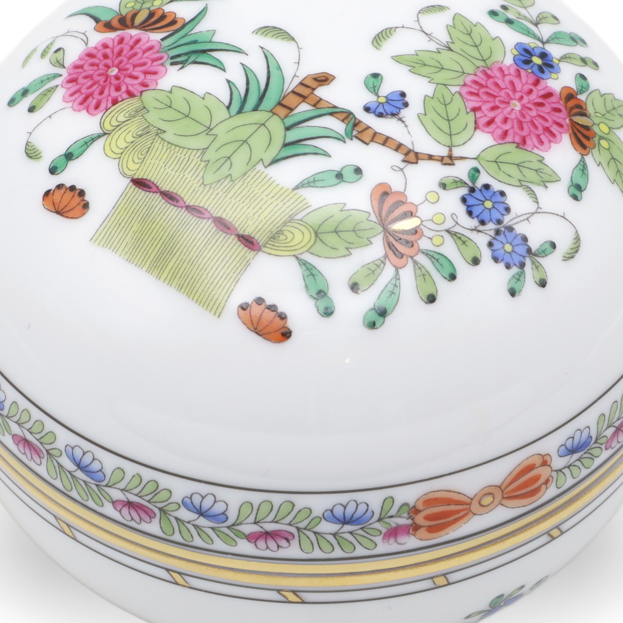 Herend Multi Color Indian Basket Trinket Box - Hand Painted - Porcelain Keepsake - Hungarian Collectible