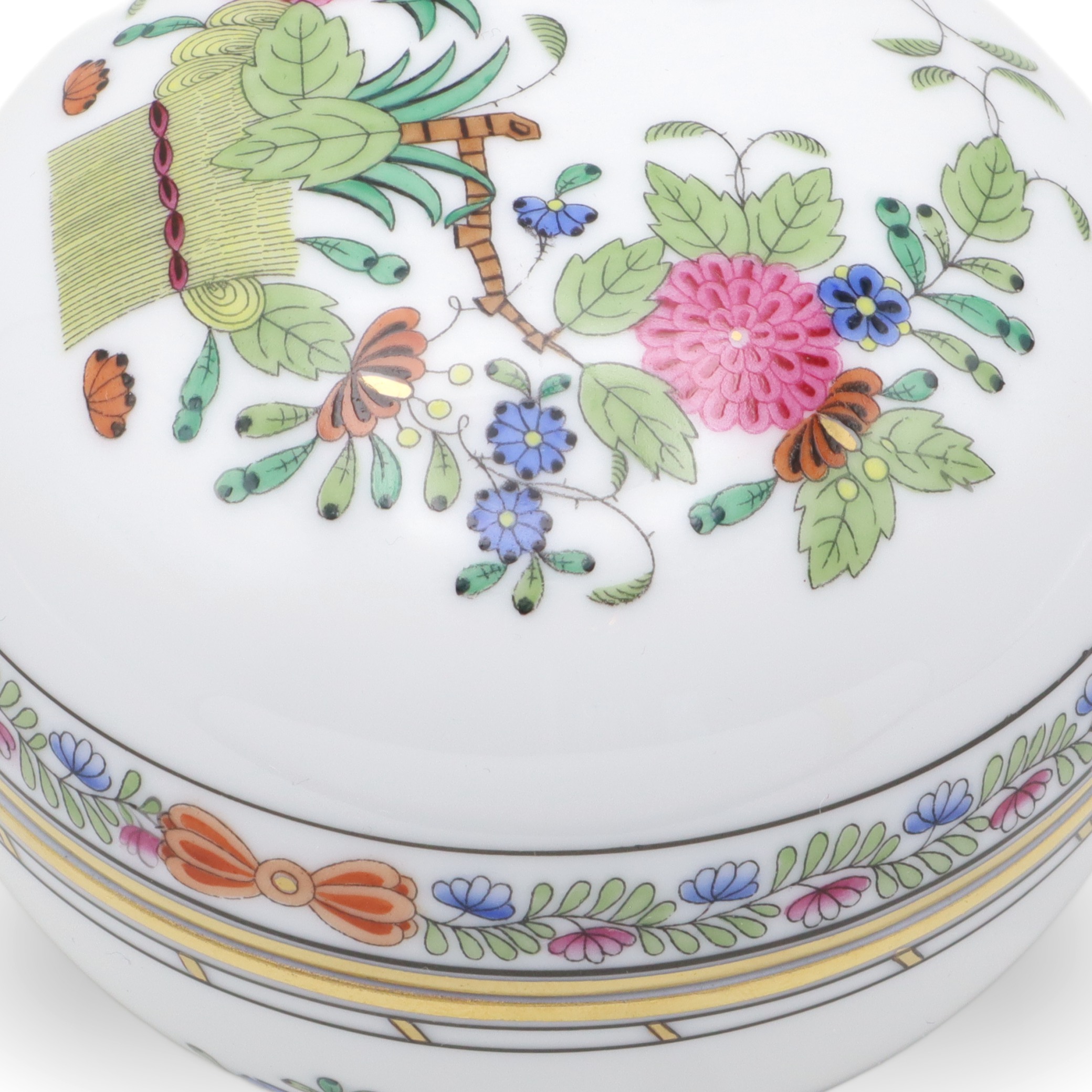 Herend Multi Color Indian Basket Trinket Box - Hand Painted - Porcelain Keepsake - Hungarian Collectible