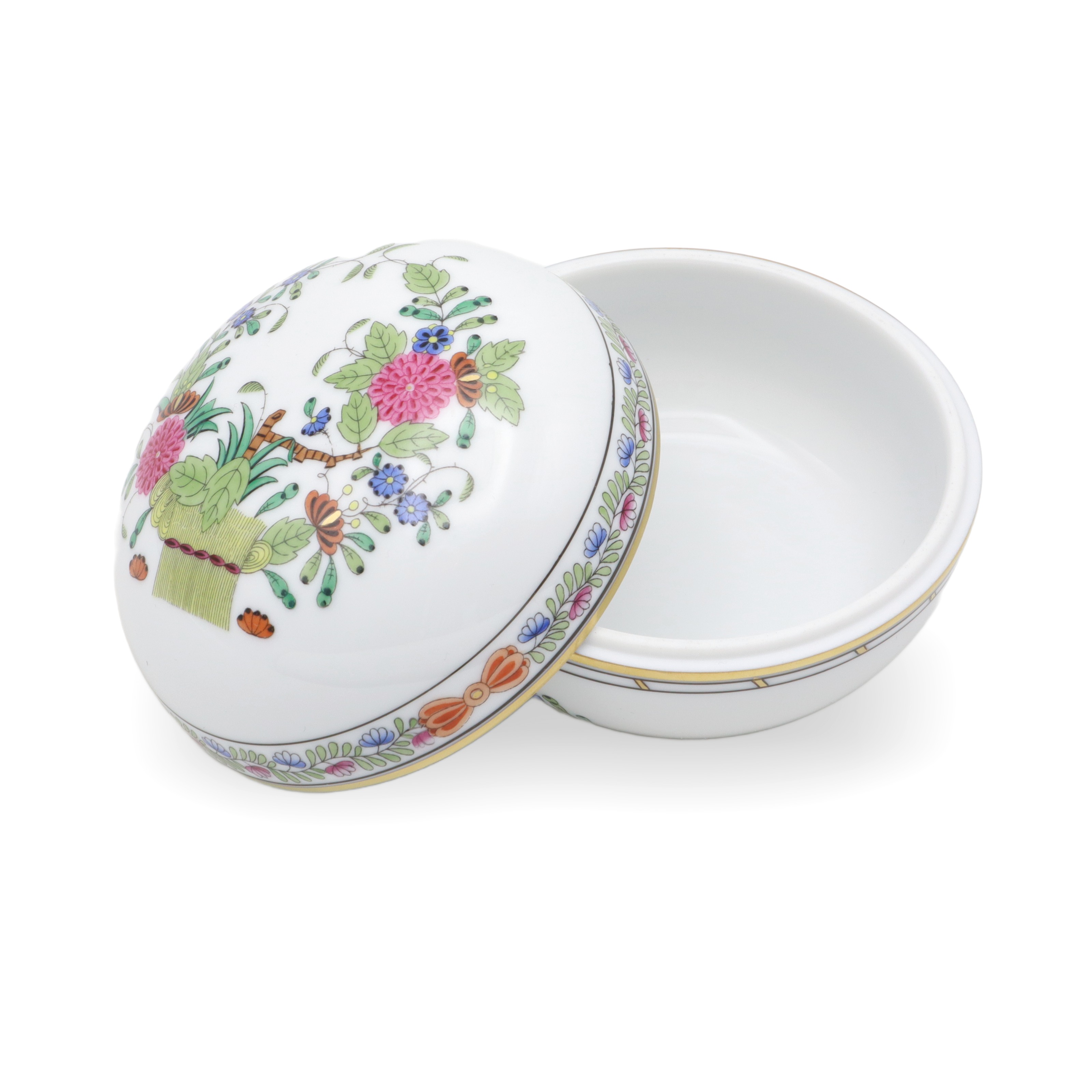 Herend Multi Color Indian Basket Trinket Box - Hand Painted - Porcelain Keepsake - Hungarian Collectible