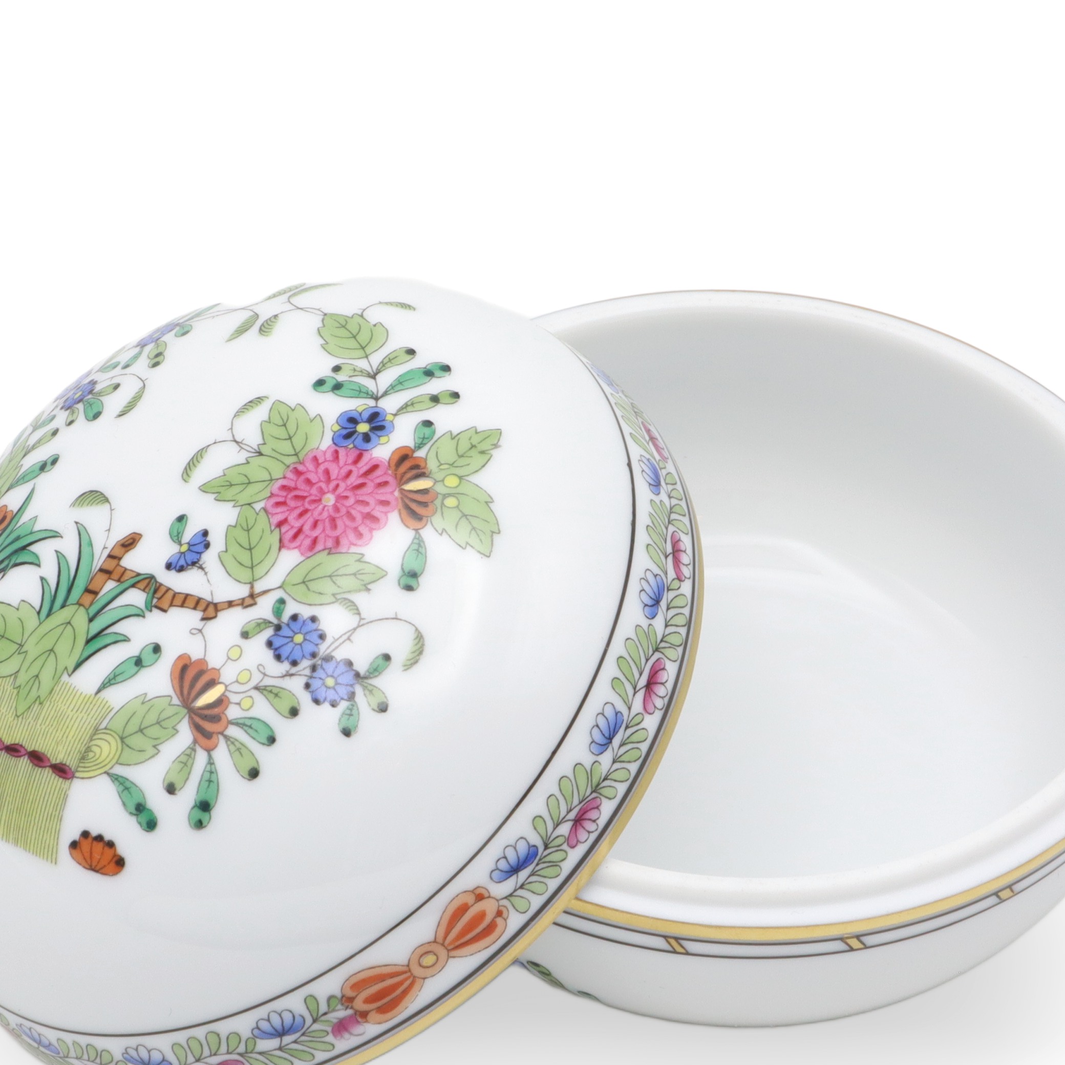 Herend Multi Color Indian Basket Trinket Box - Hand Painted - Porcelain Keepsake - Hungarian Collectible