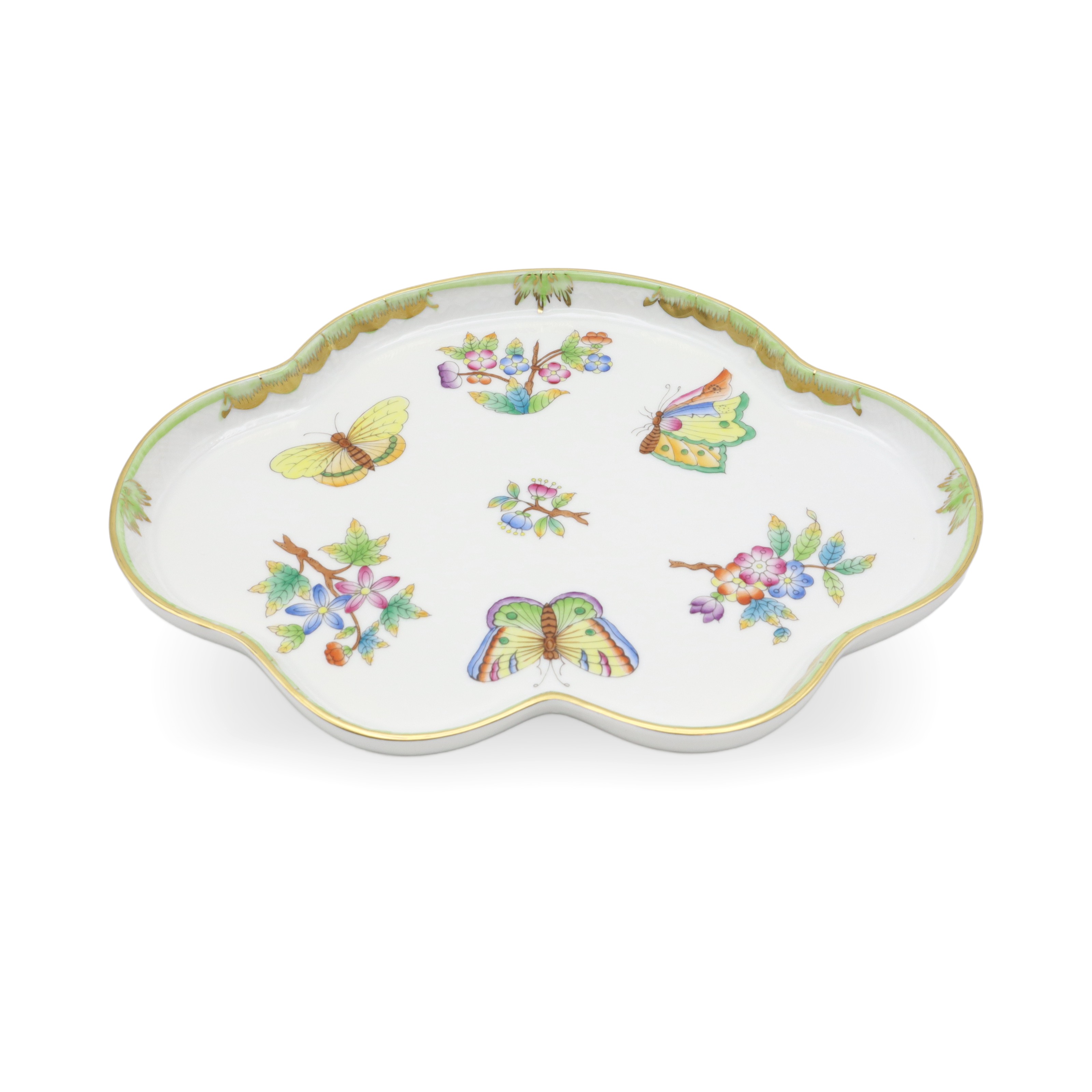 Herend Queen Victoria Scalloped Tray - Handpainted Porcelain - Butterfly Motif - Hungarian Fine China - Vintage Server
