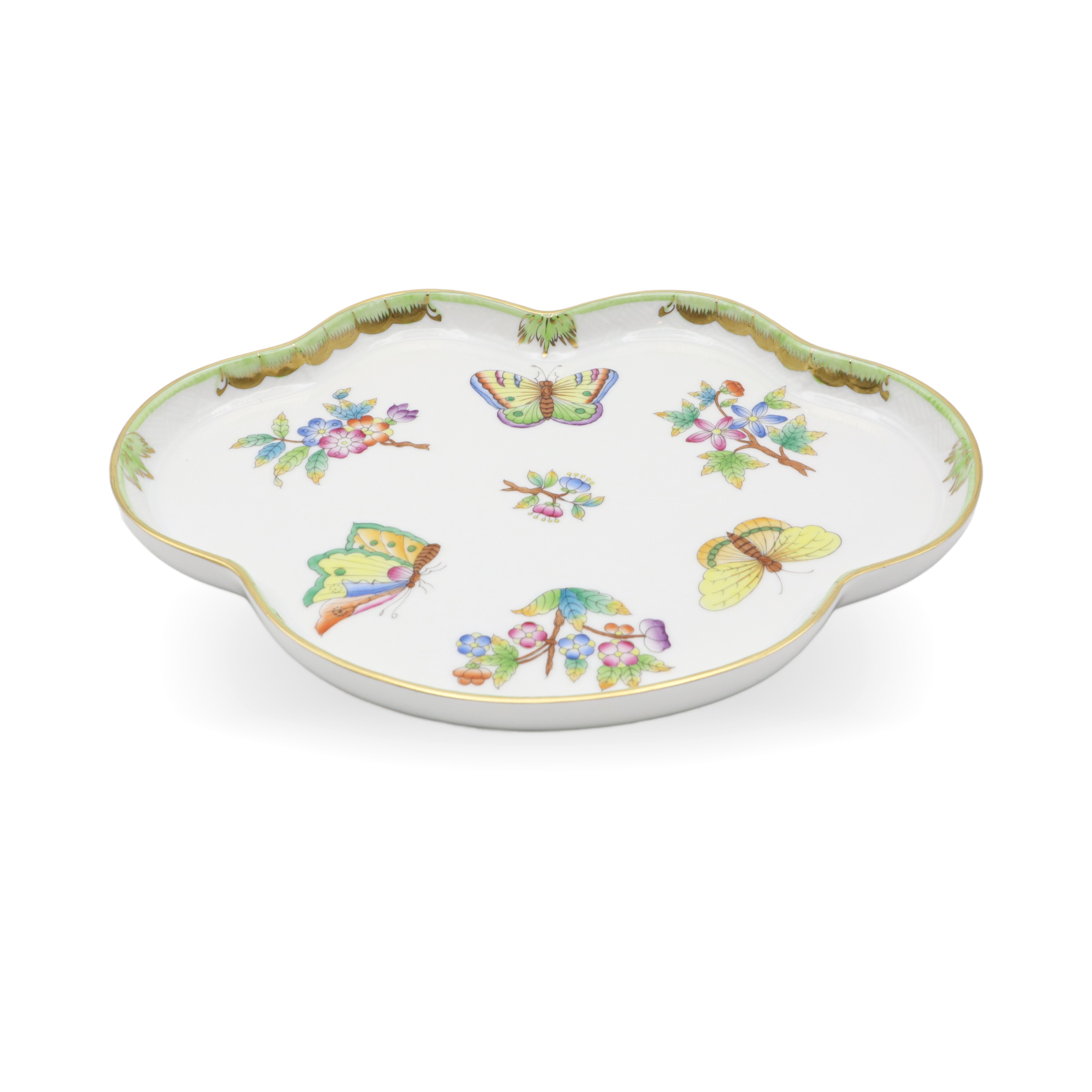 Herend Queen Victoria Scalloped Tray - Handpainted Porcelain - Butterfly Motif - Hungarian Fine China - Vintage Server
