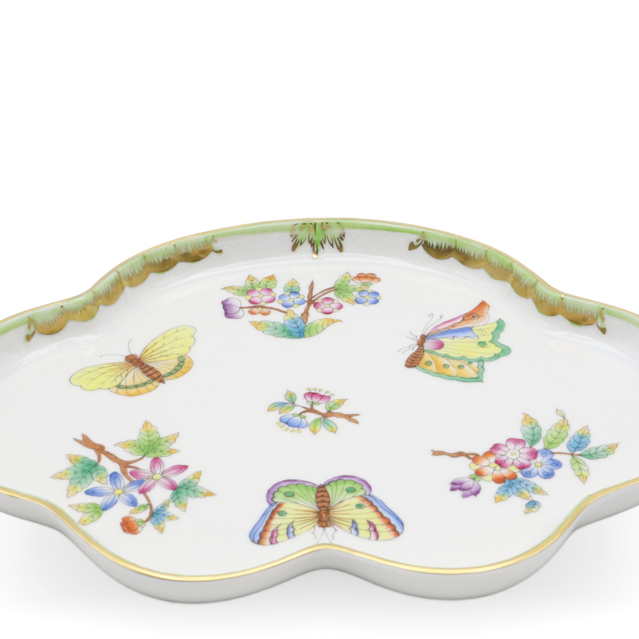 Herend Queen Victoria Scalloped Tray - Handpainted Porcelain - Butterfly Motif - Hungarian Fine China - Vintage Server