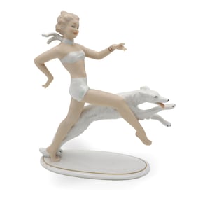 Wallendorf Lady Running With Greyhound Figurine - German Porcelain Art Deco Statue