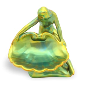 Zsolnay Eosin Art Deco Woman Figurine - Female With Shell Trinket Dish