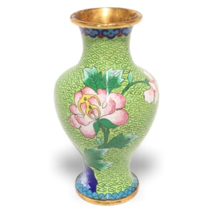 Chinese Cloisonne Green Floral Vase - Copper With Vitreous Enamel - Vintage Decor