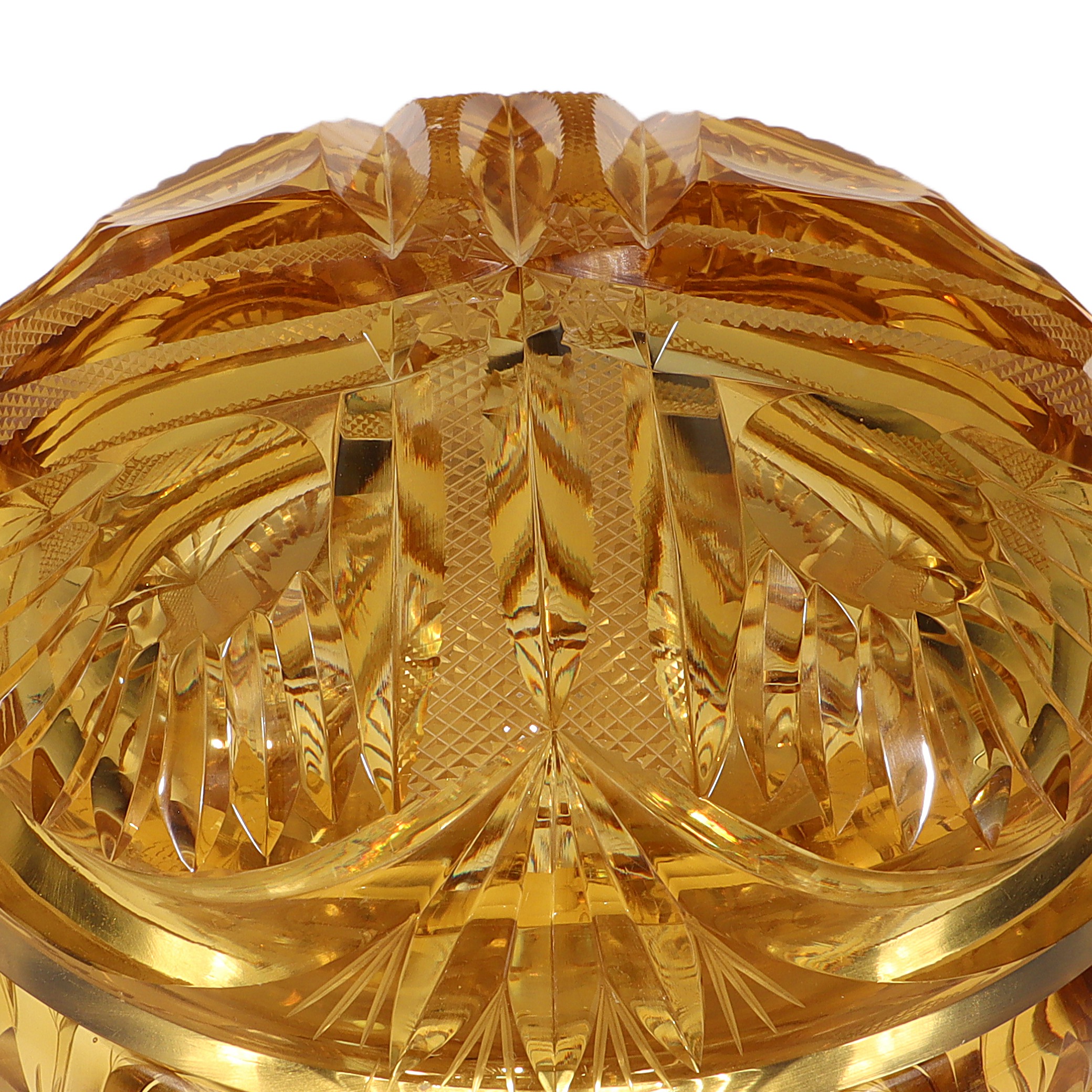 Thumbnail for Amber Cut Glass Trinket Box - Heavy Crystal Jewelry Casket - Antique Art Deco Vanity Container