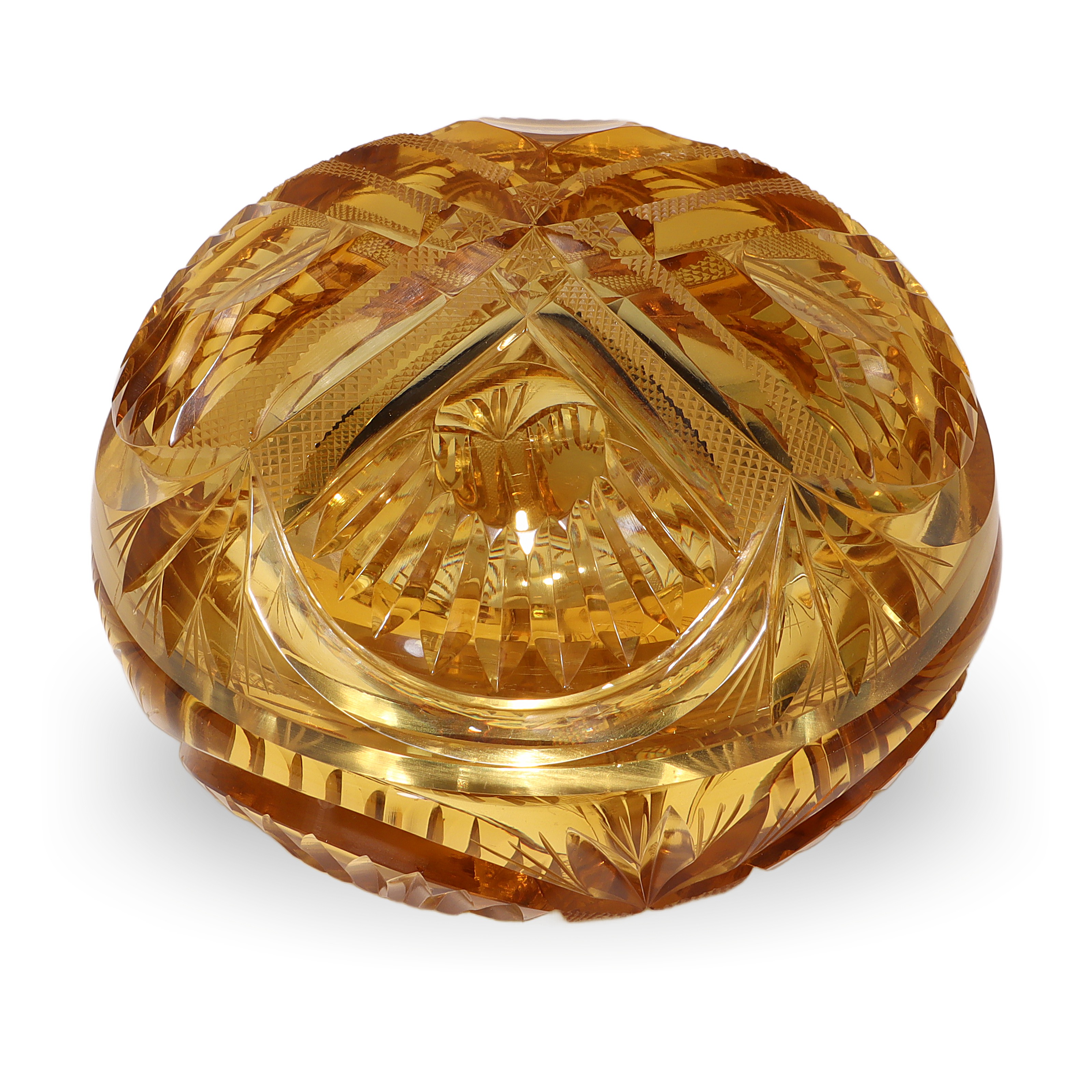 Thumbnail for Amber Cut Glass Trinket Box - Heavy Crystal Jewelry Casket - Antique Art Deco Vanity Container