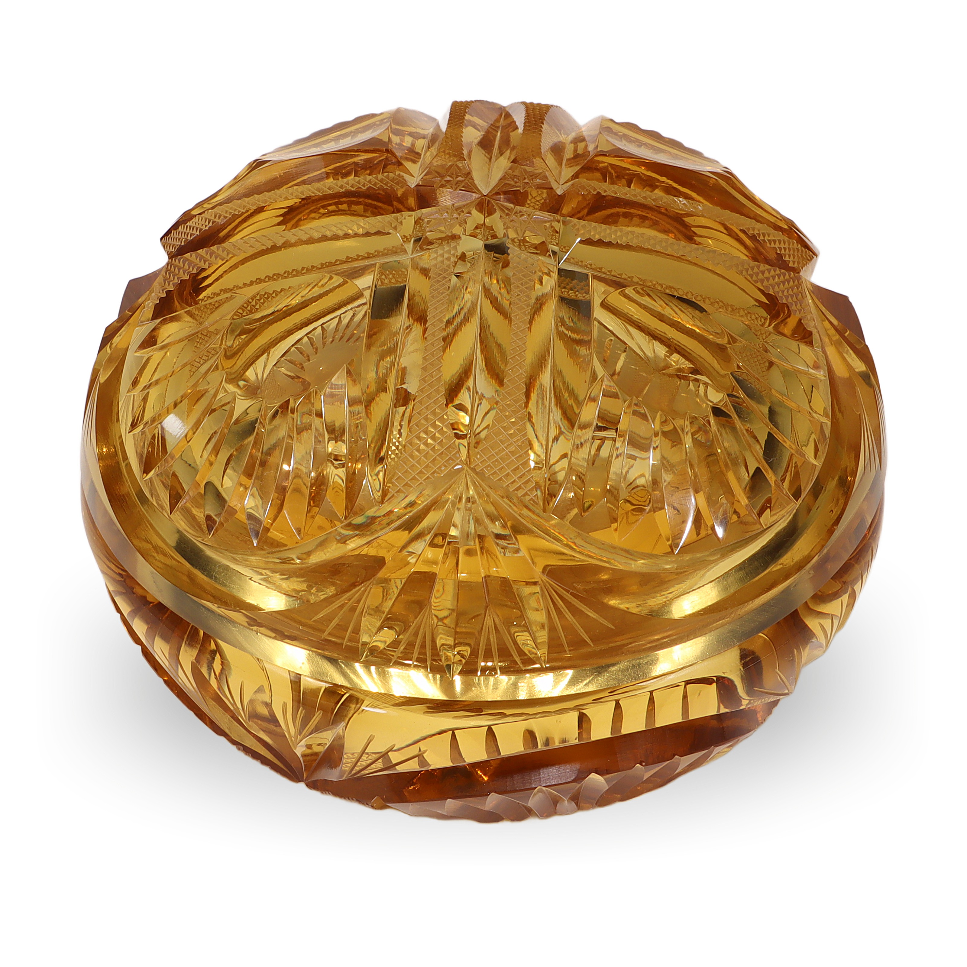 Thumbnail for Amber Cut Glass Trinket Box - Heavy Crystal Jewelry Casket - Antique Art Deco Vanity Container