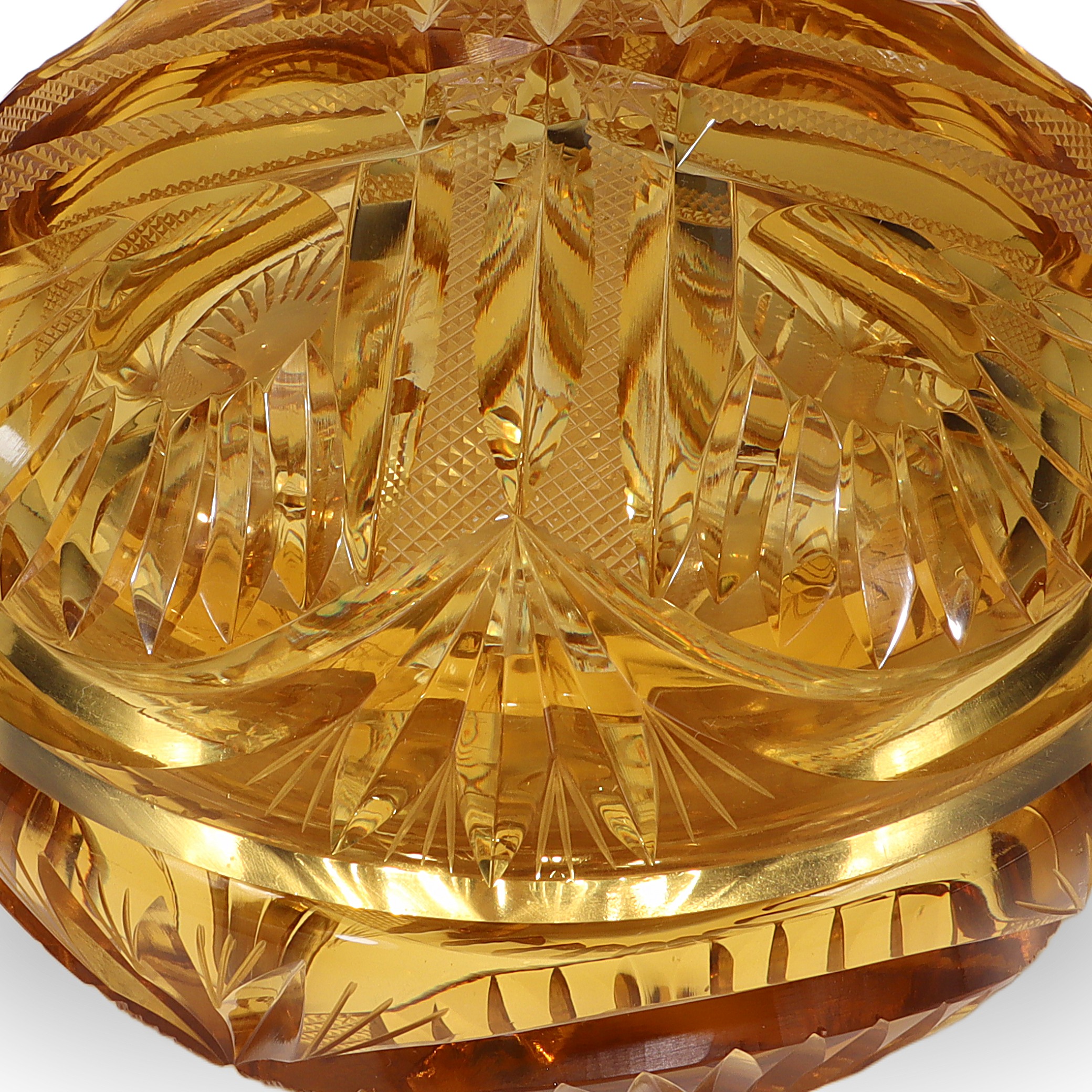 Thumbnail for Amber Cut Glass Trinket Box - Heavy Crystal Jewelry Casket - Antique Art Deco Vanity Container