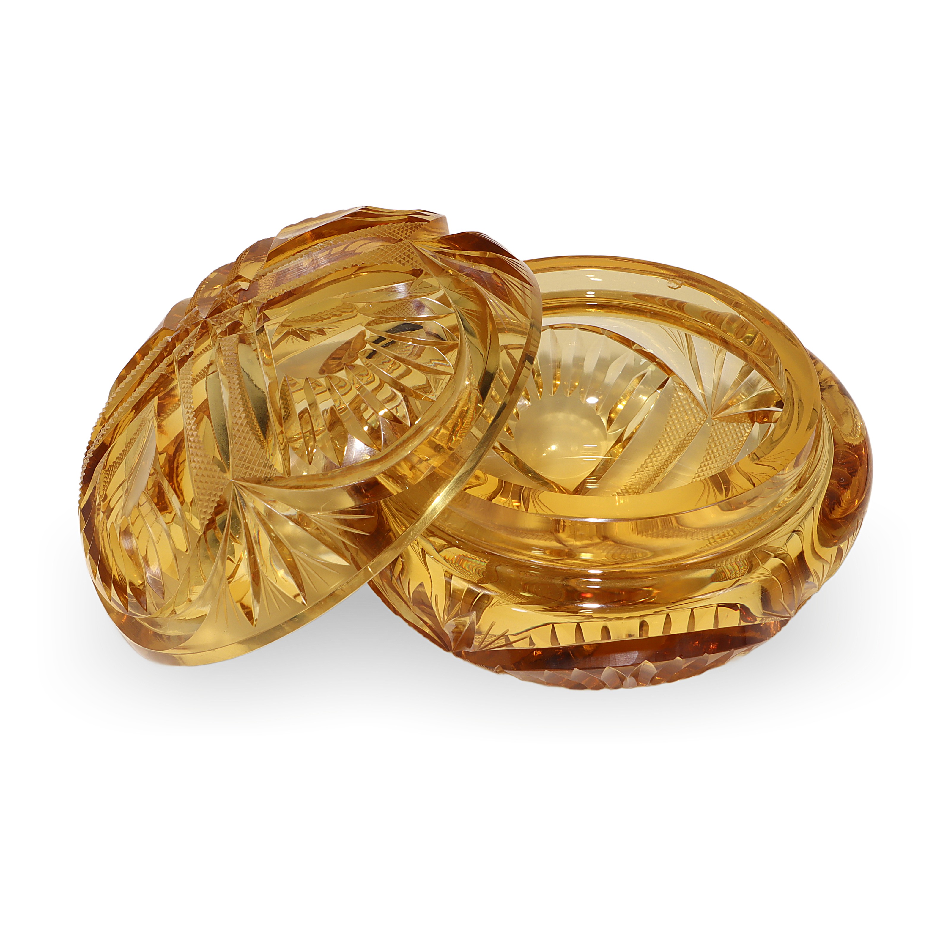 Thumbnail for Amber Cut Glass Trinket Box - Heavy Crystal Jewelry Casket - Antique Art Deco Vanity Container