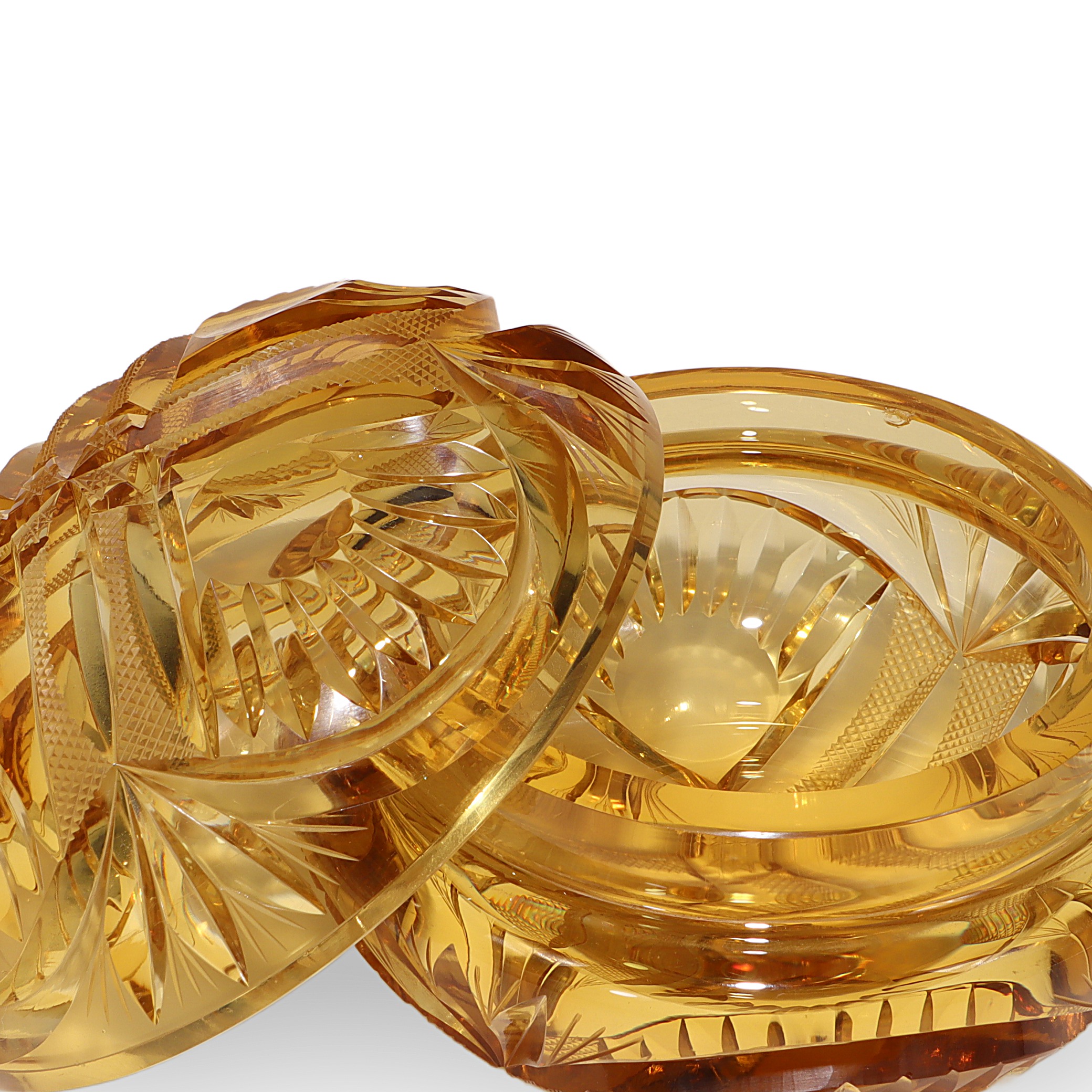 Thumbnail for Amber Cut Glass Trinket Box - Heavy Crystal Jewelry Casket - Antique Art Deco Vanity Container