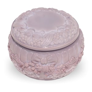 Schlevogt malachite glass bonbonniere with intricate fruit and bow relief, purple collectible art glass jar