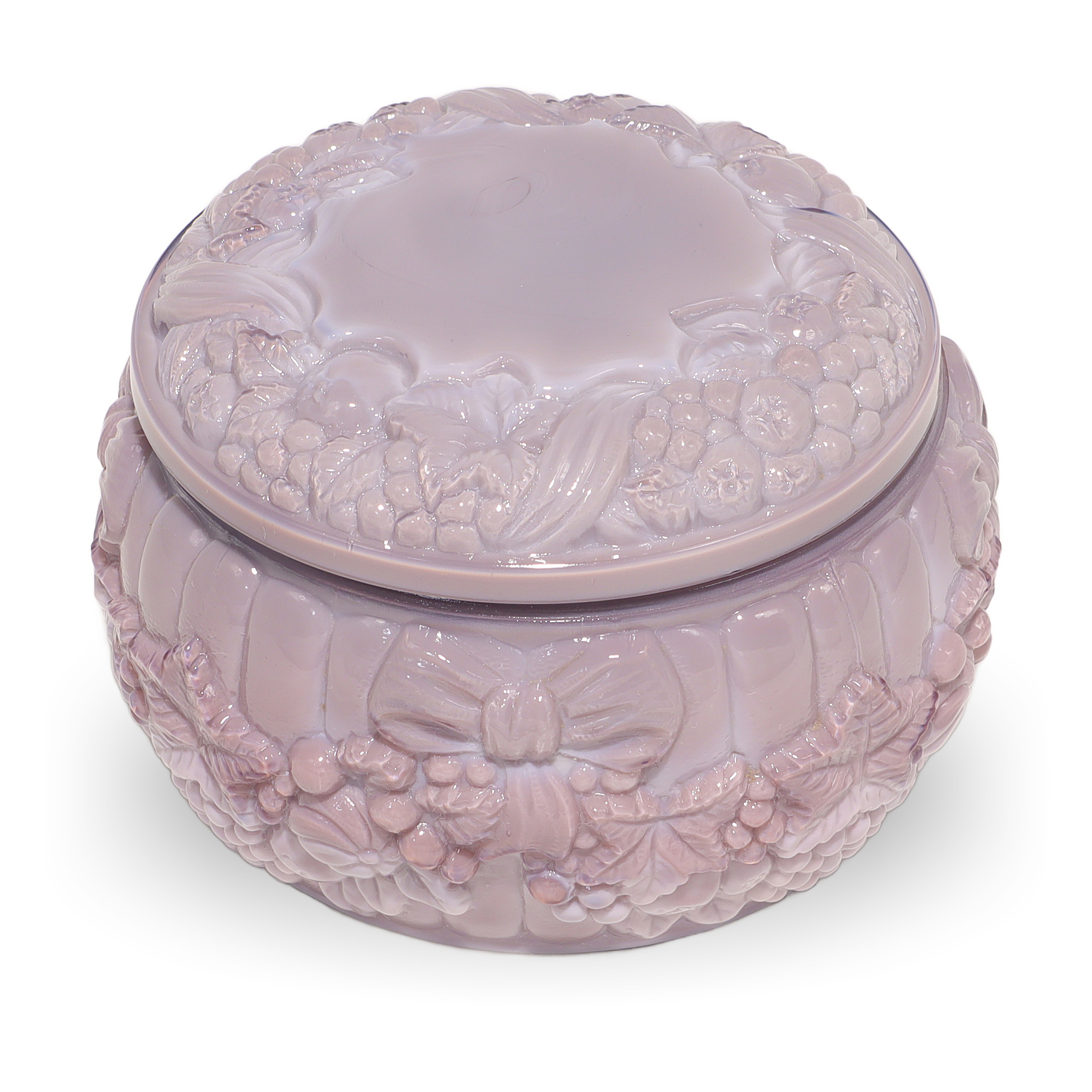 Curt Schlevogt Purple Malachite Glass Bonbonniere Lidded Jar Schlevogt malachite glass bonbonniere with intricate fruit and bow relief, purple collectible art glass jar